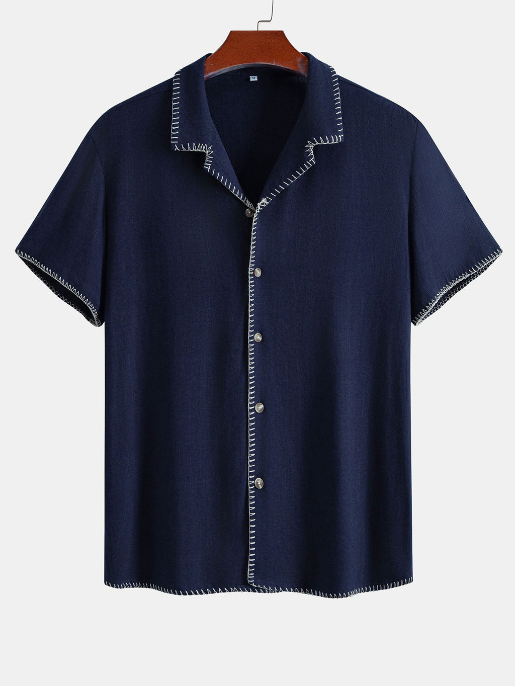 Contrast Stitching Linen Rayon Blend Cuban Shirt & Crinkle Textured Drawstring 5" Shorts