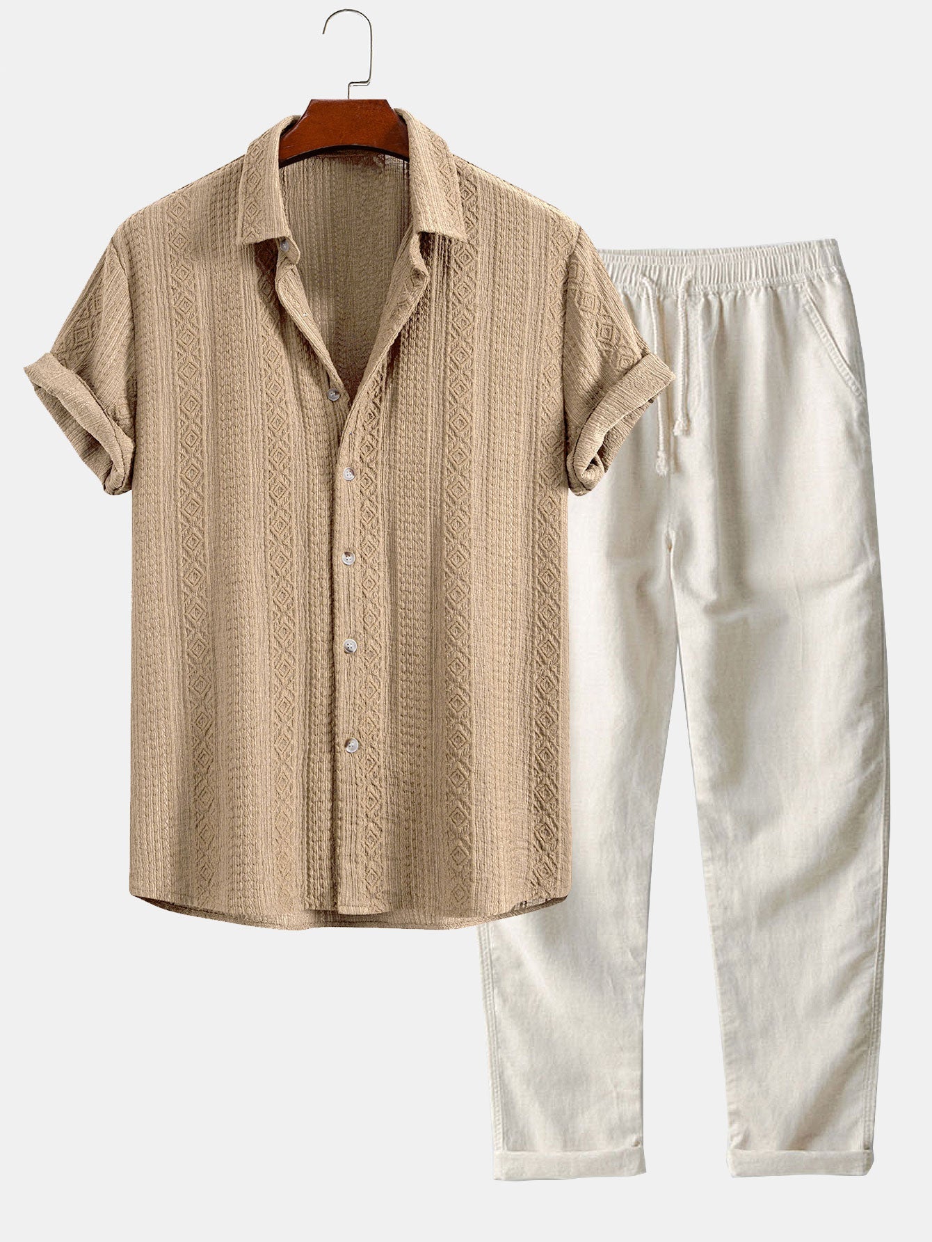 Geometric Jacquard Button Up Shirt & Straight Leg Linen Pants