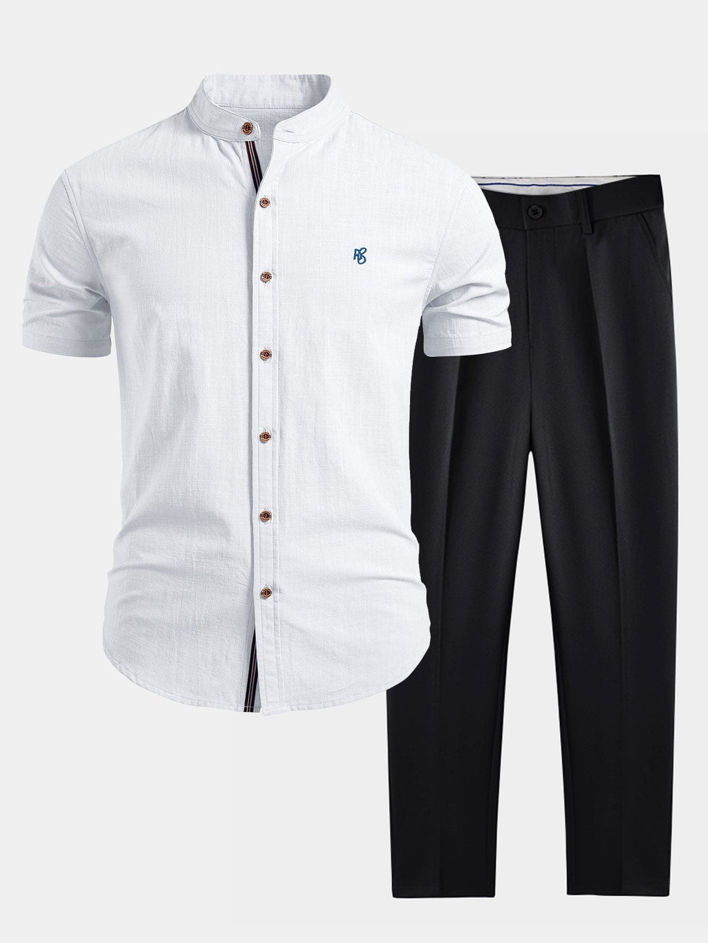 Short Sleeve Linen Look Stand Collar Shirt & Slim Fit Tapered Trousers
