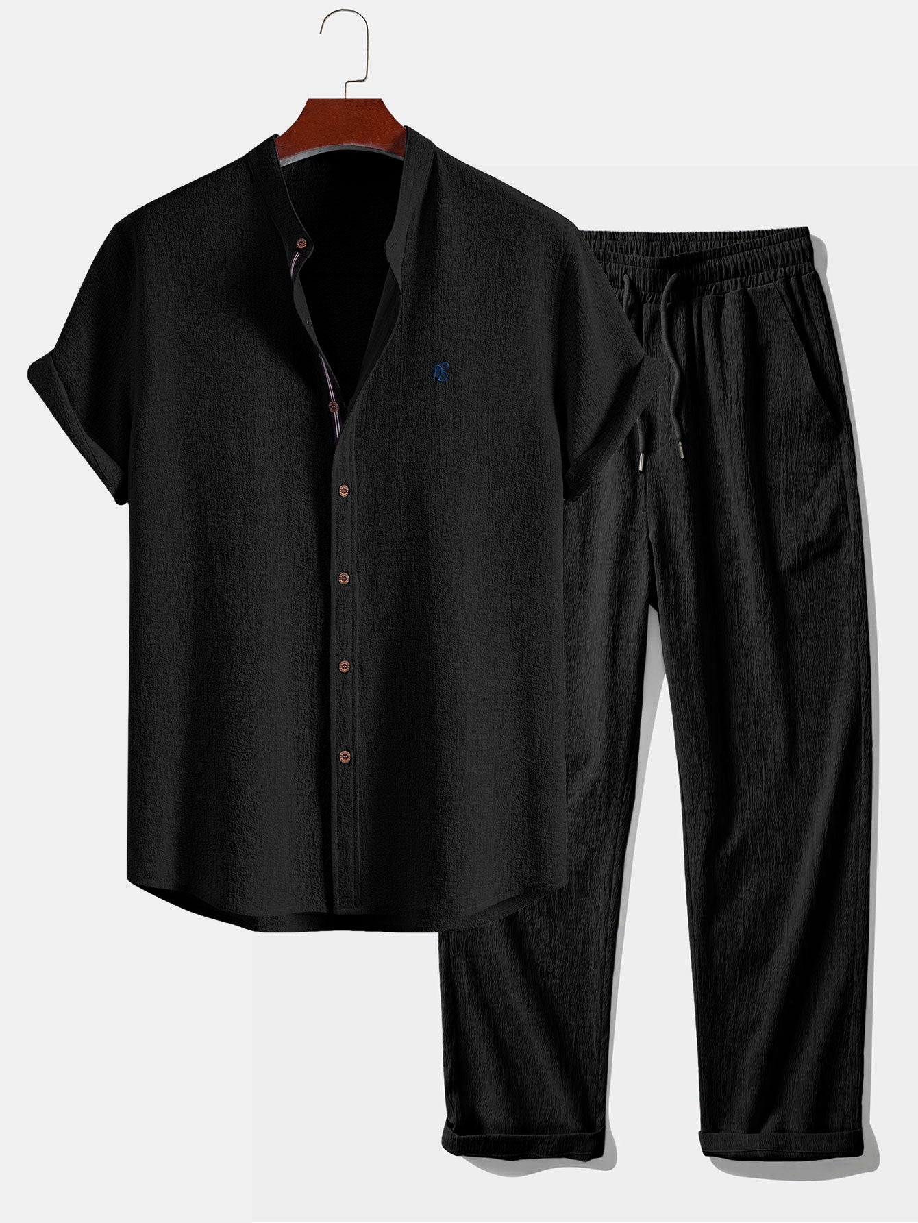 Short Sleeve Seersucker Stand Collar Shirt & Crinkle Textured Straight Leg Pants