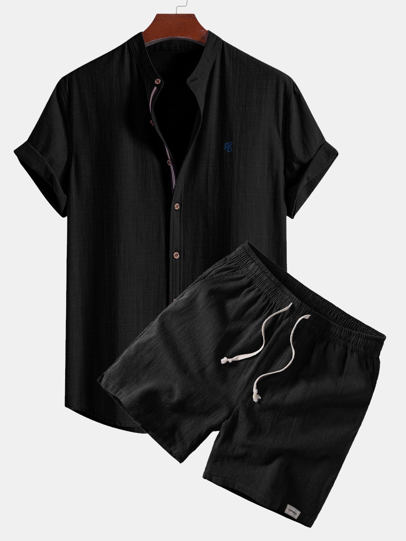 Short Sleeve Linen Look Stand Collar Shirt & Linen Blend Drawstring 7" Shorts