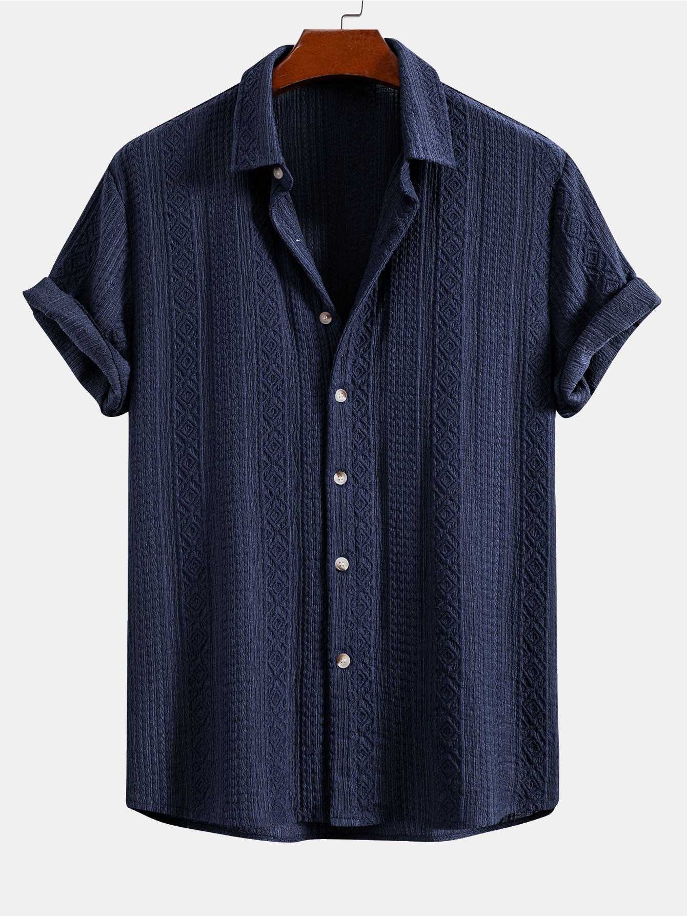 Geometric Jacquard Button Up Shirt & Crinkle Textured Drawstring 5" Shorts