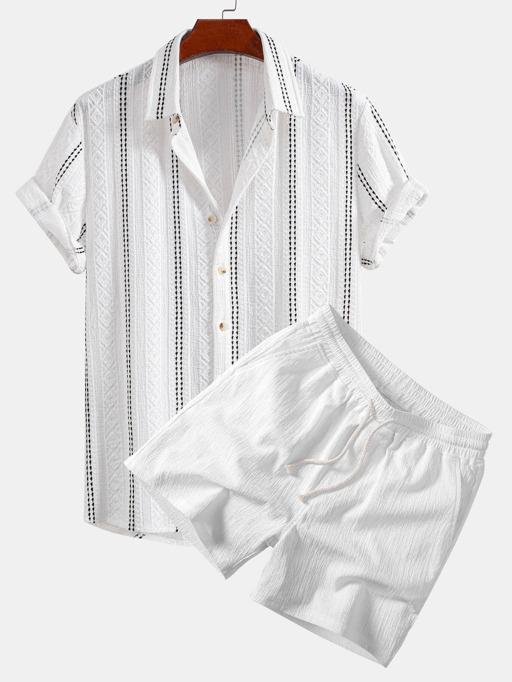 Geometric Striped Jacquard Button Up Shirt & Crinkle Textured Drawstring 5" Shorts