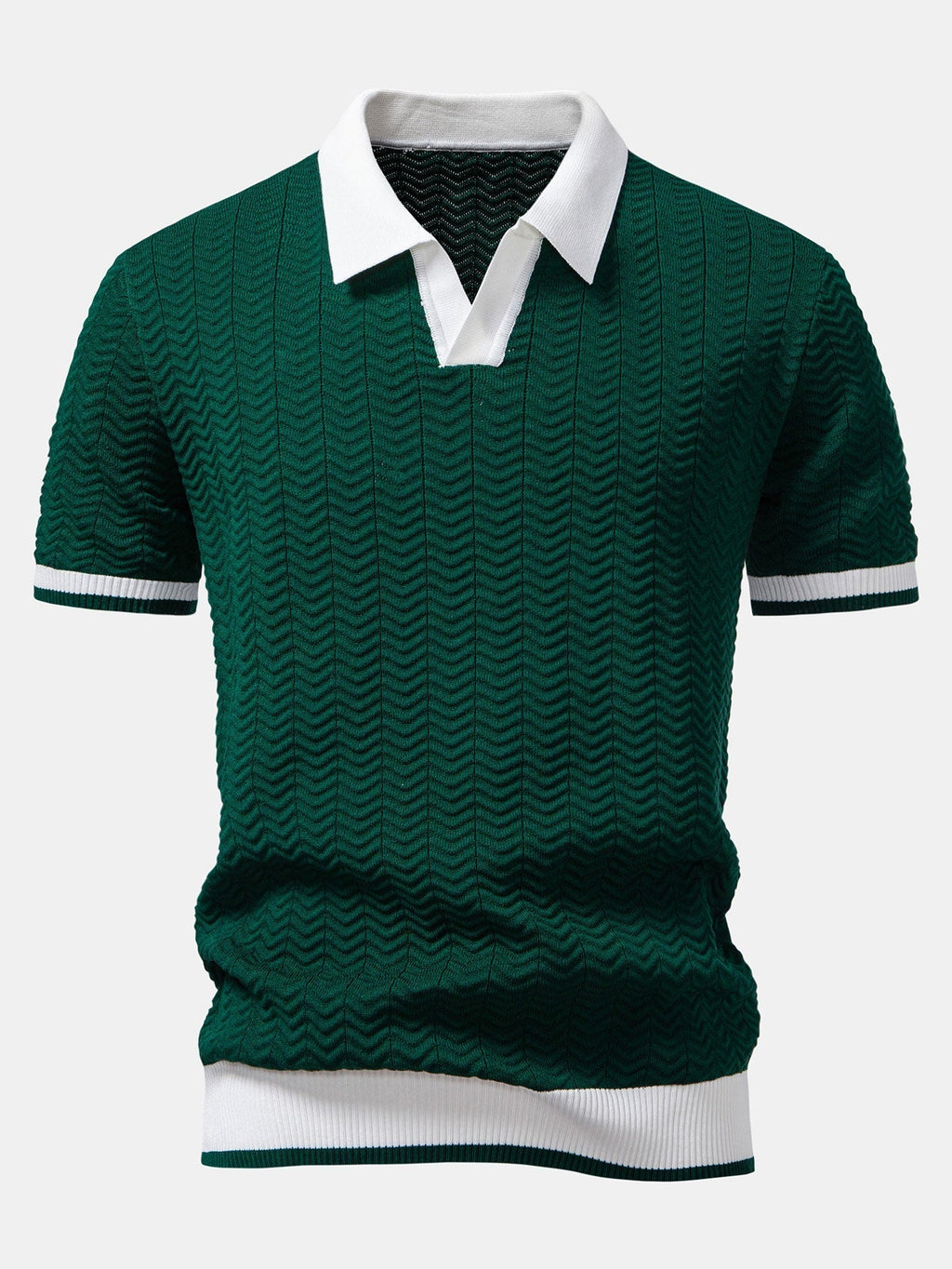 Texture Contrast Knitted V Neck Polo Shirt & Elastic Waist Chino Shorts