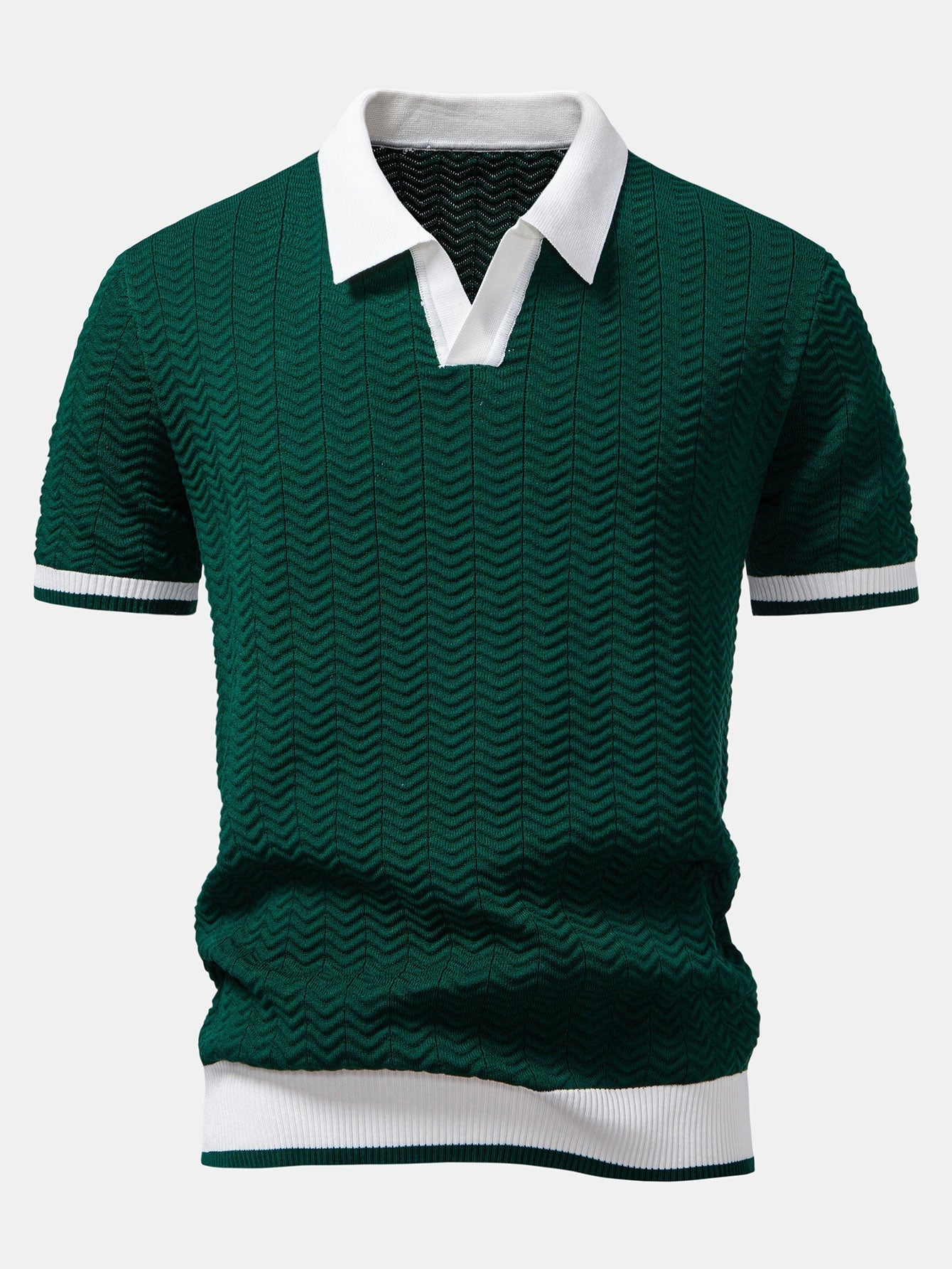 Texture Contrast Knitted V Neck Polo Shirt & Elastic Waist Chino Shorts