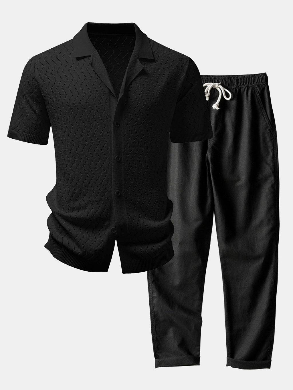 Zig Zag Open Knit Shirt & Straight Leg Linen Pants