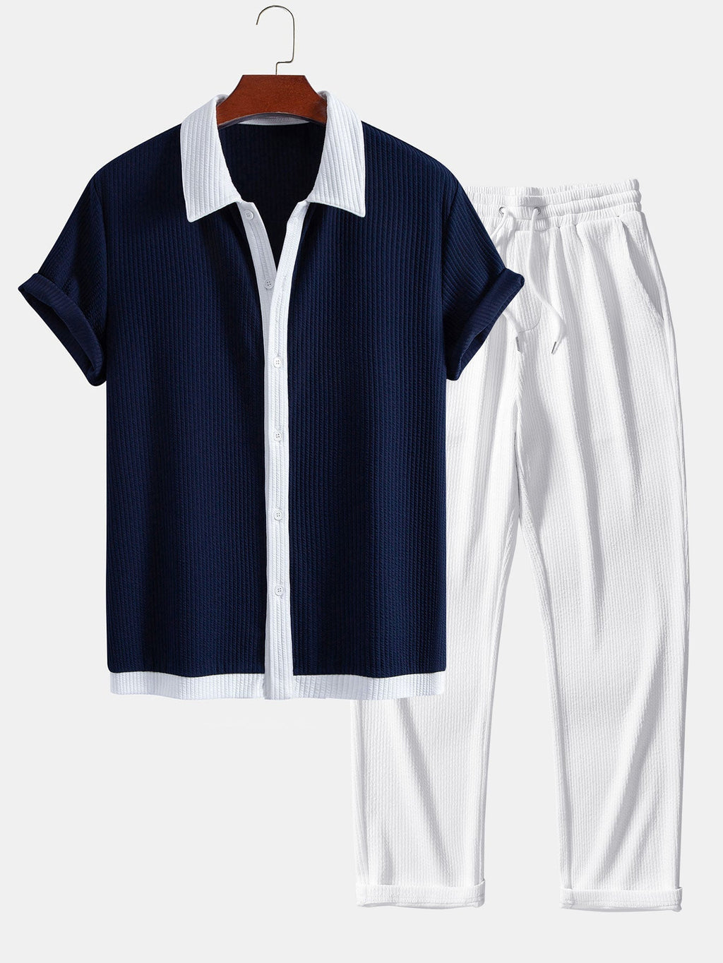 Contrast Ribbed Button Up Shirt & Straight Leg Ribbed Pants