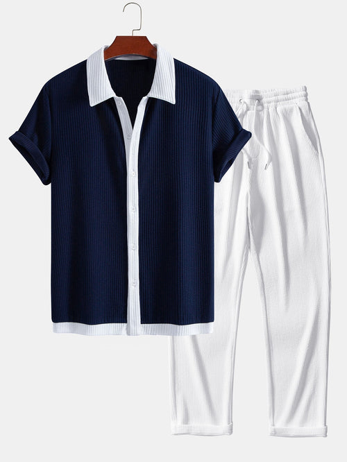 Contrast Ribbed Button Up Shirt & Straight Leg Ribbed Pants