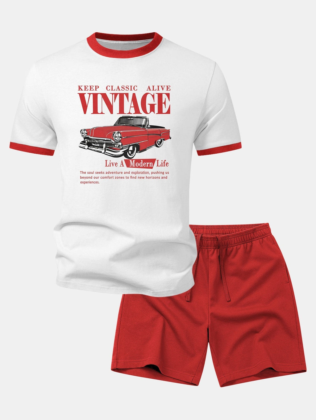 Vintage Car Print Contrast Ringer T-Shirt & Cotton Drawstring 7" Shorts