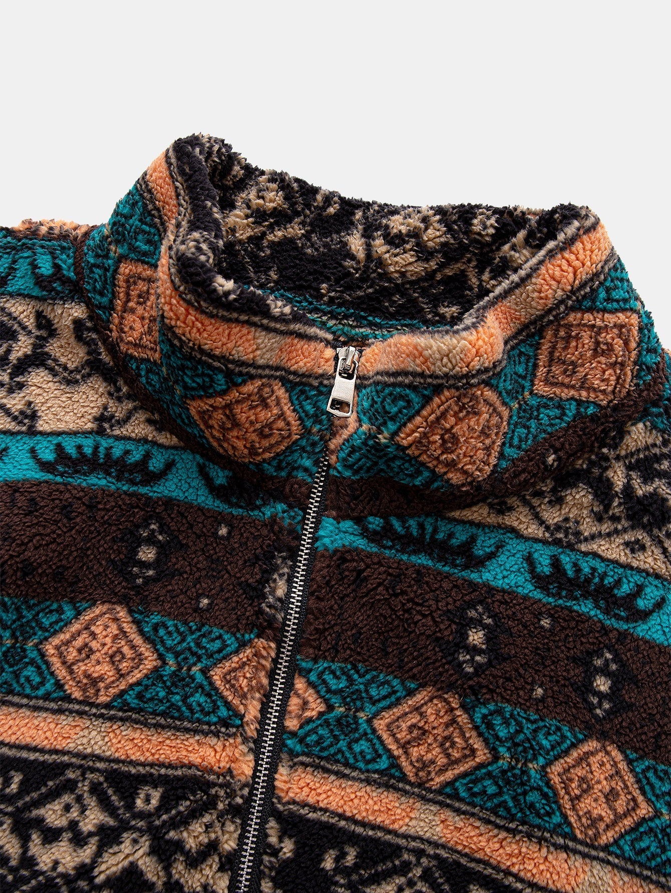 Relax Fit Quarter Zip Ethnic Geometric Patchwork Teddy Sweatshirt & Straight Leg Corduroy Pants
