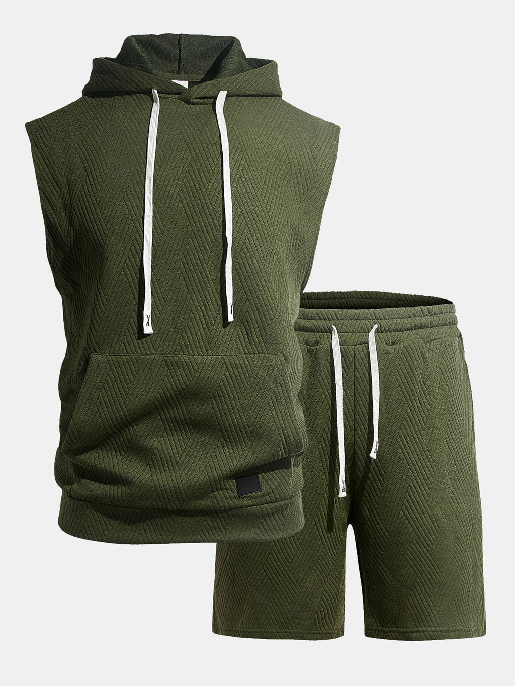 Stripe Textured Sleeveless Hooded T-Shirt & Drawstring Shorts Set