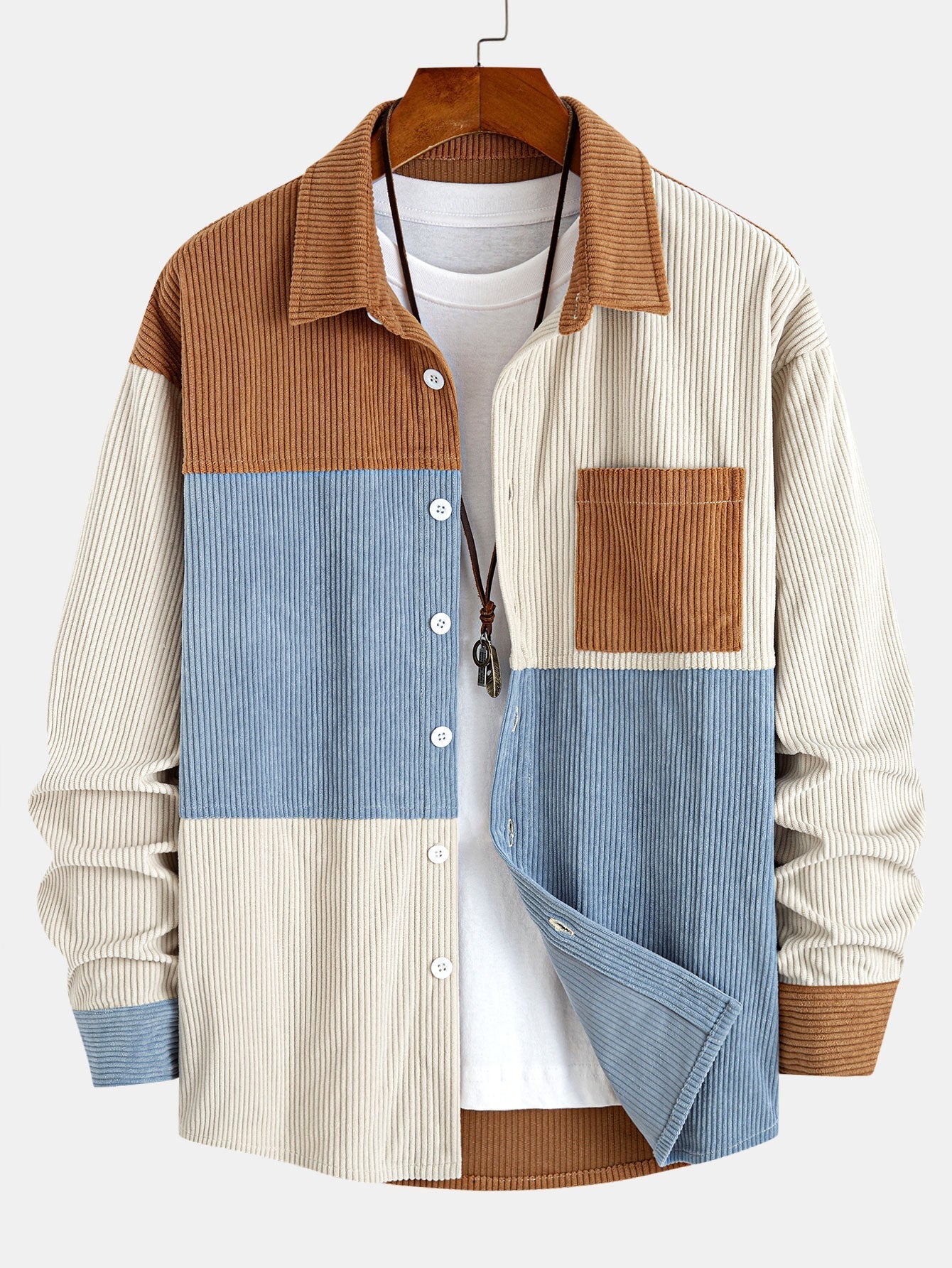 Relax Fit Color Block Corduroy Button Up Shirt & Straight Leg Corduroy Pants