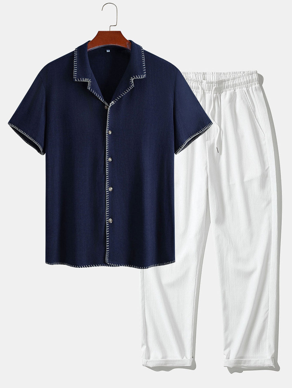 Contrast Stitching Linen Rayon Blend Cuban Shirt & Crinkle Textured Straight Leg Pants