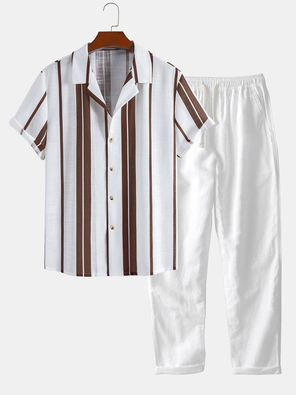 Linen Look Stripe Cuban Shirt & Straight Leg Linen Pants
