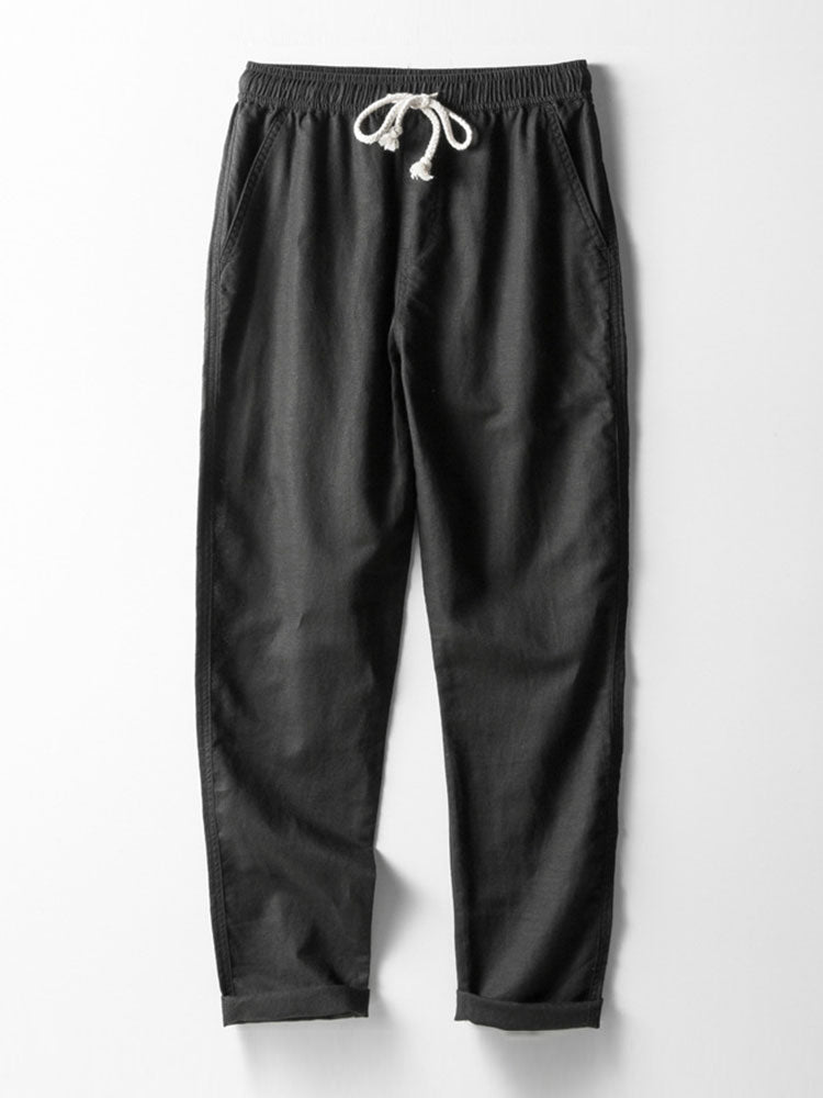 Textured Johnny Collar Crocheted Knit Polo & Straight Leg Linen Pants