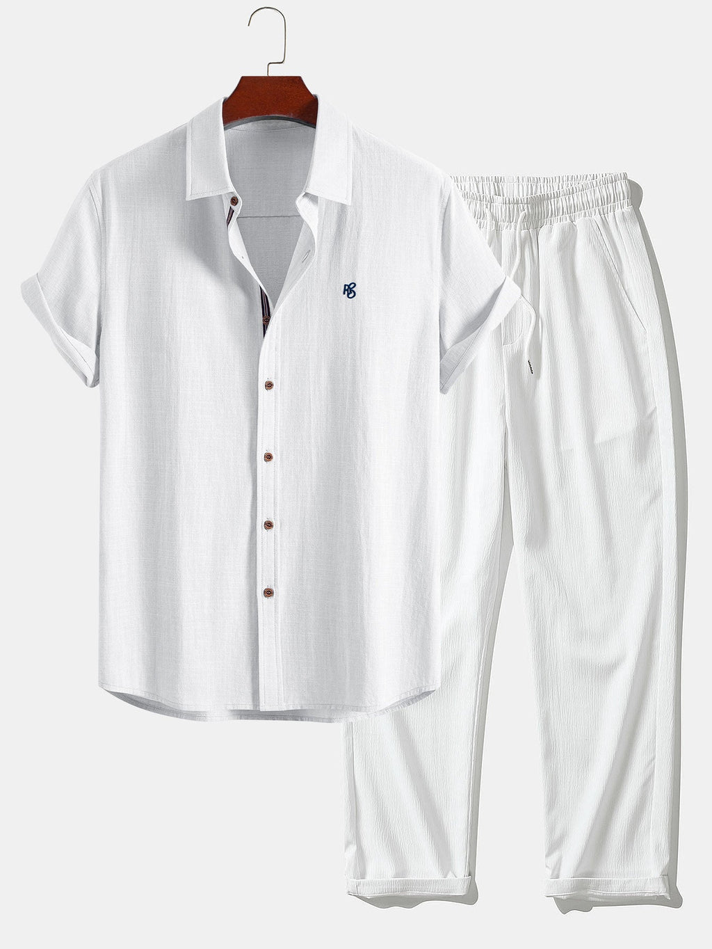 Short Sleeve Linen Look Button Up Shirt & Crinkle Textured Straight Leg Pants