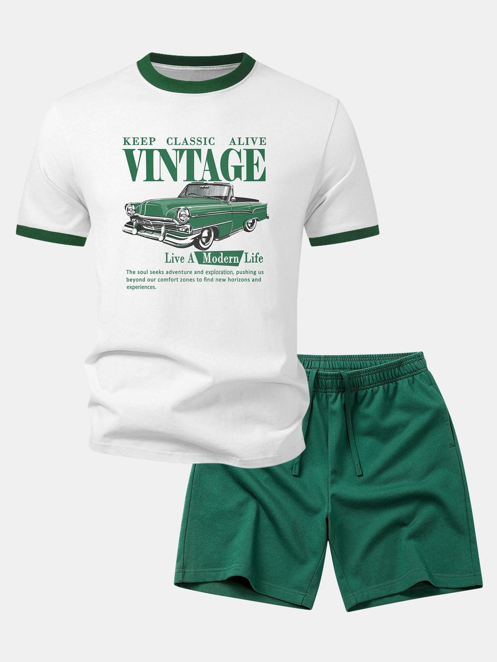 Vintage Car Print Contrast Ringer T-Shirt & Cotton Drawstring 7" Shorts