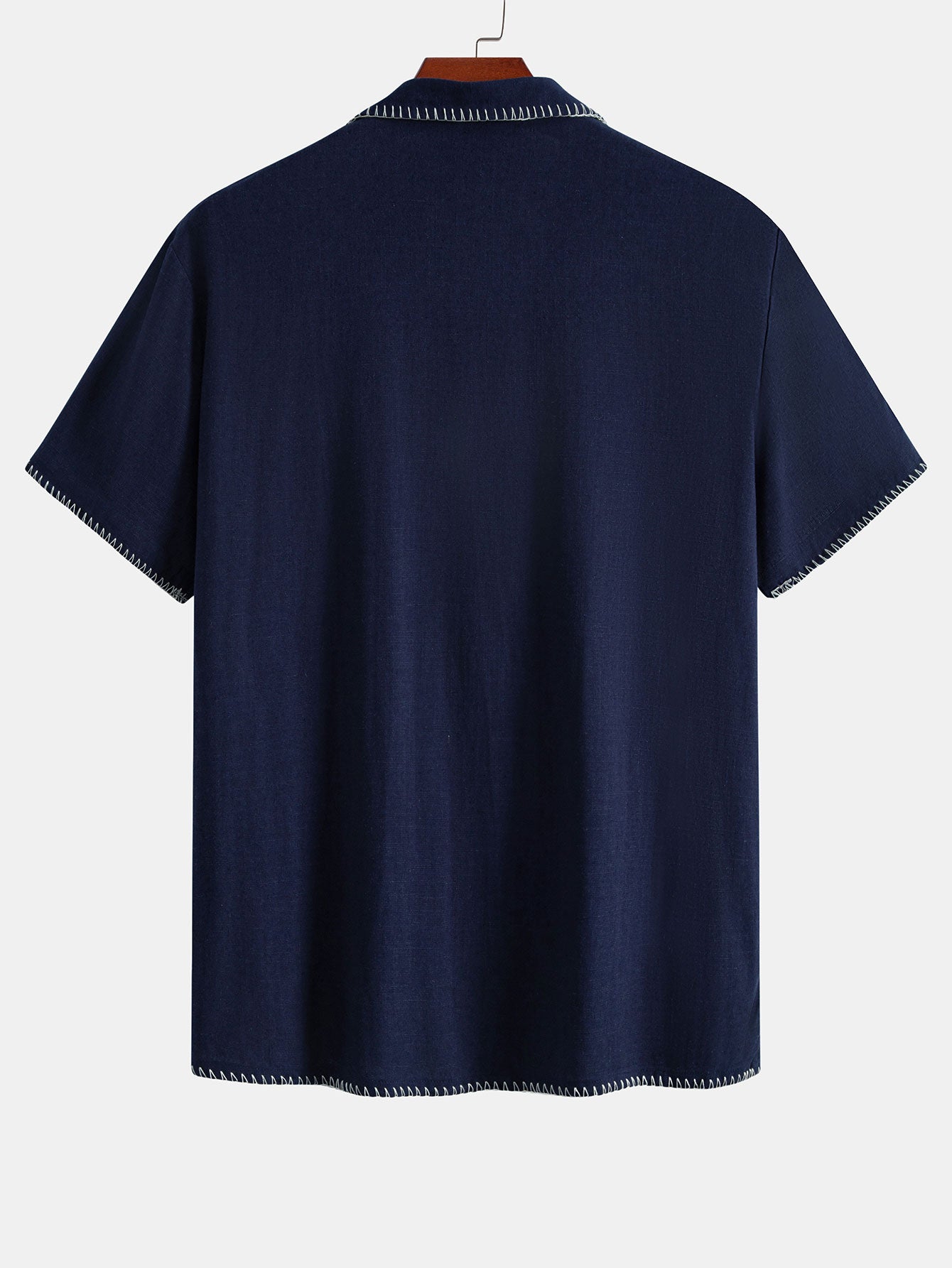 Contrast Stitching Linen Rayon Blend Cuban Shirt & Crinkle Textured Straight Leg Pants