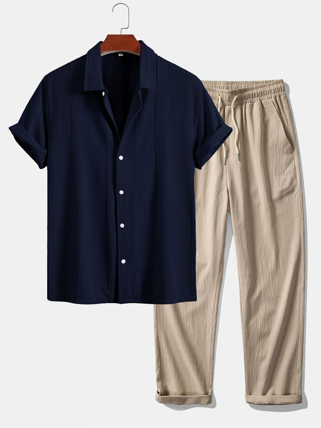 Geometric Jacquard Button Up Shirt & Crinkle Textured Straight Leg Pants