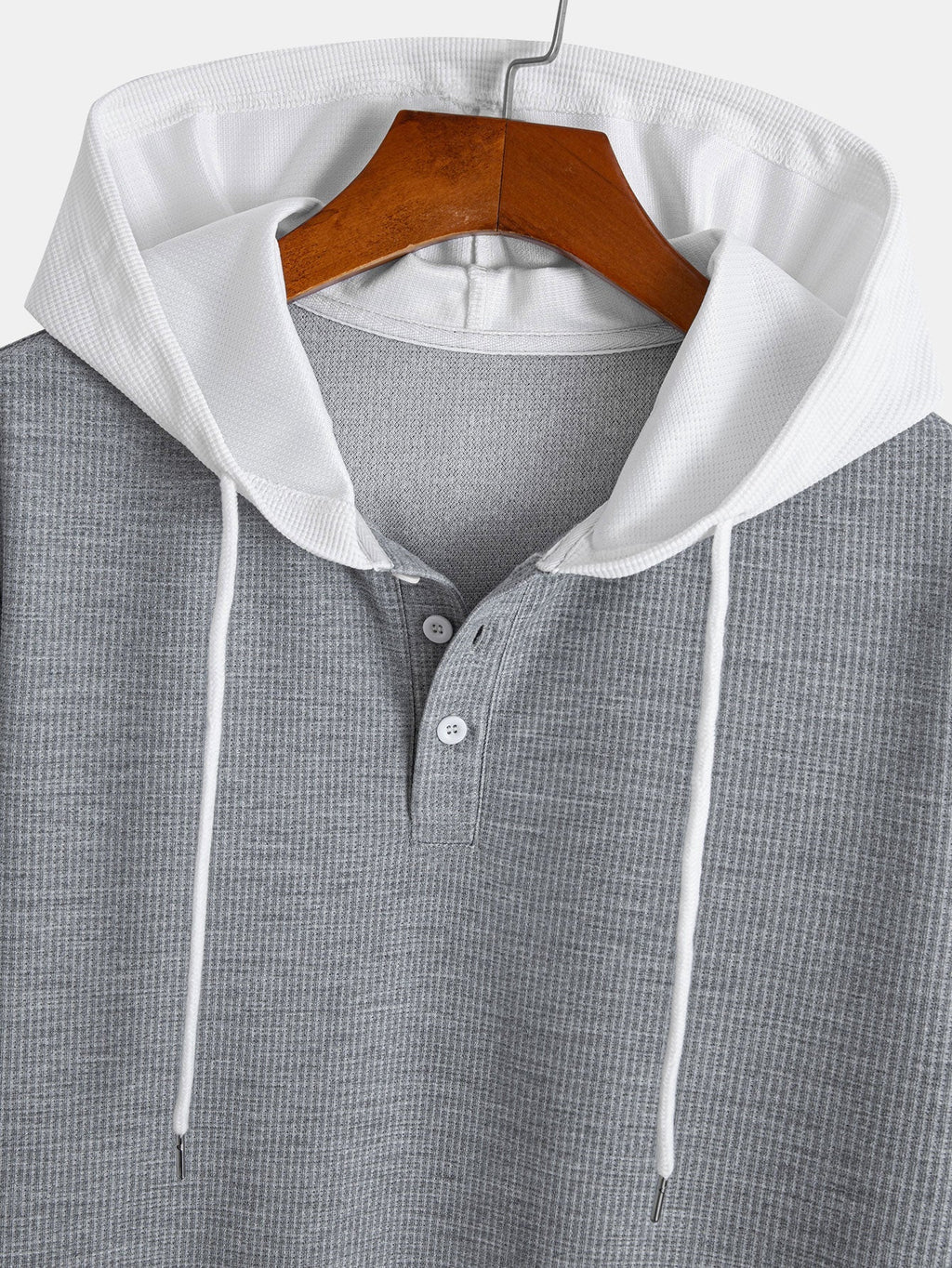 Contrast Button-Placket Waffle Hooded T-Shirt & 2 In 1 Waffle 7″‌ Shorts