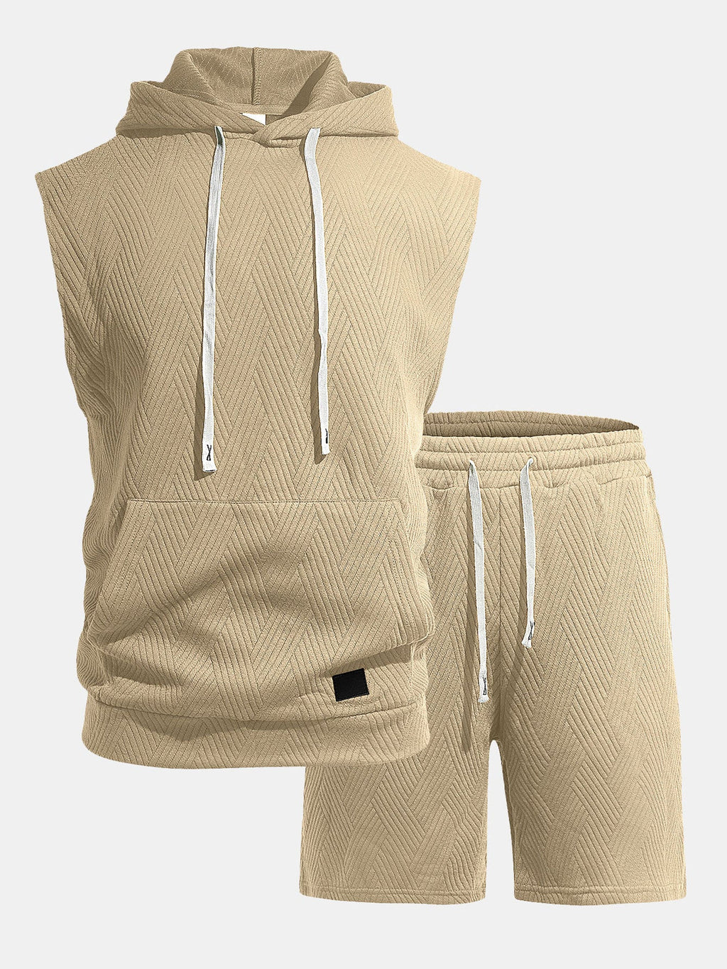 Stripe Textured Sleeveless Hooded T-Shirt & Drawstring Shorts Set