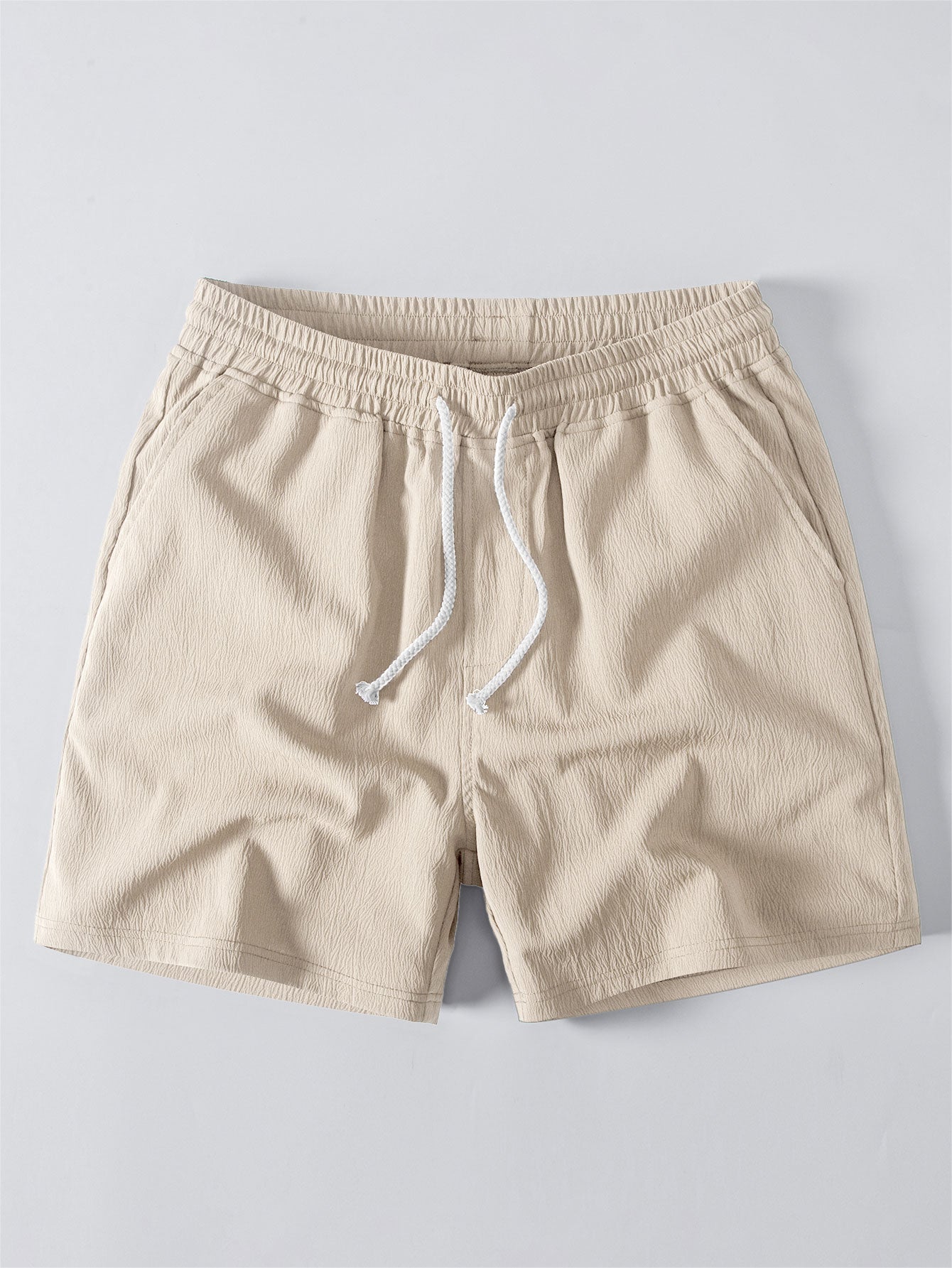 Striped Crochet V Neck Polo & Crinkle Textured Drawstring 5" Shorts
