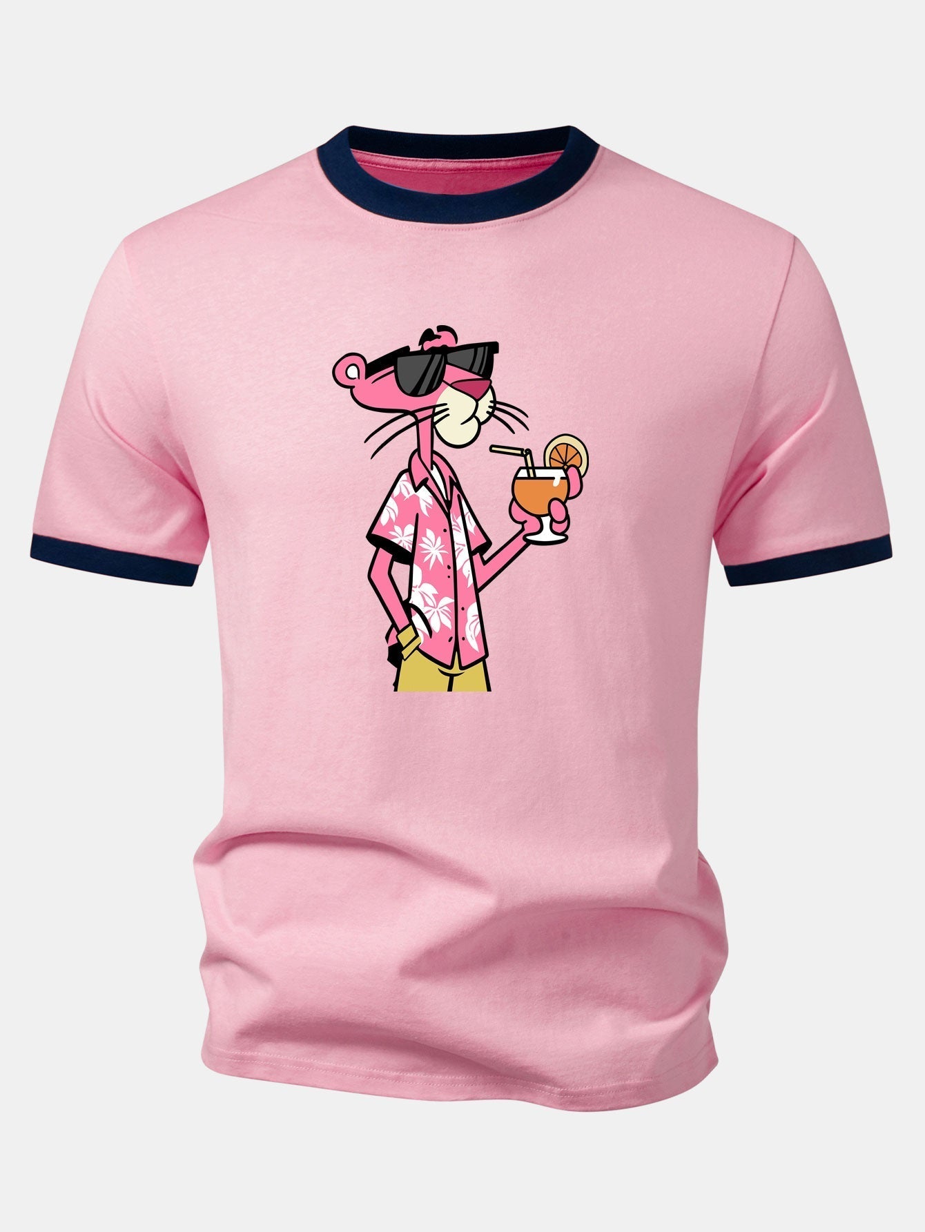 Vacation Pink Panther Print Contrast Ringer T-Shirt & 5" Drawstring  Corduroy Shorts