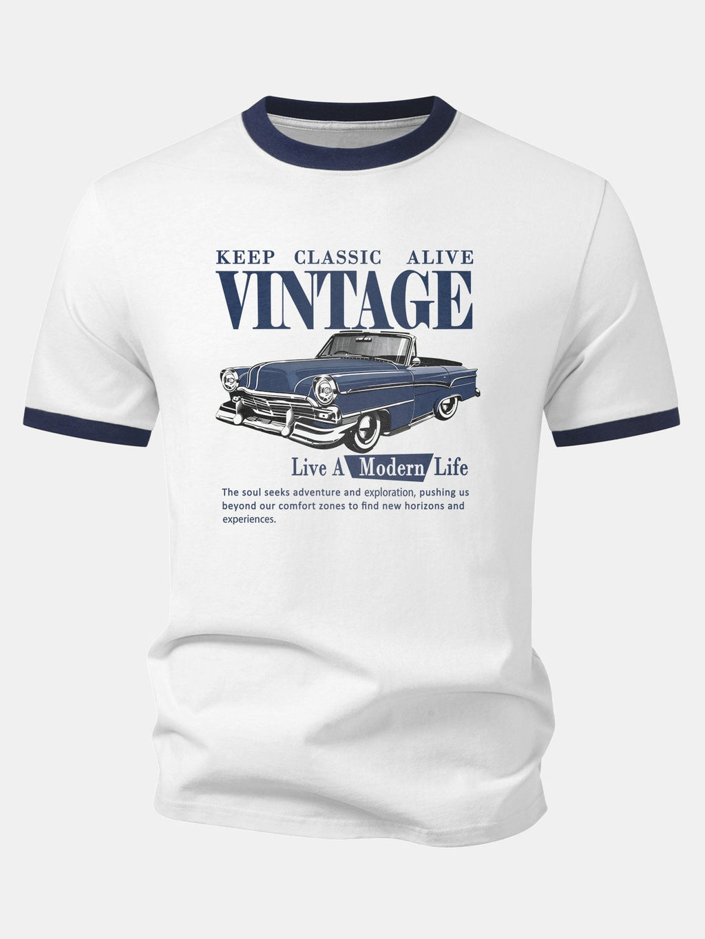Vintage Car Print Contrast Ringer T-Shirt & Cotton Drawstring 7" Shorts