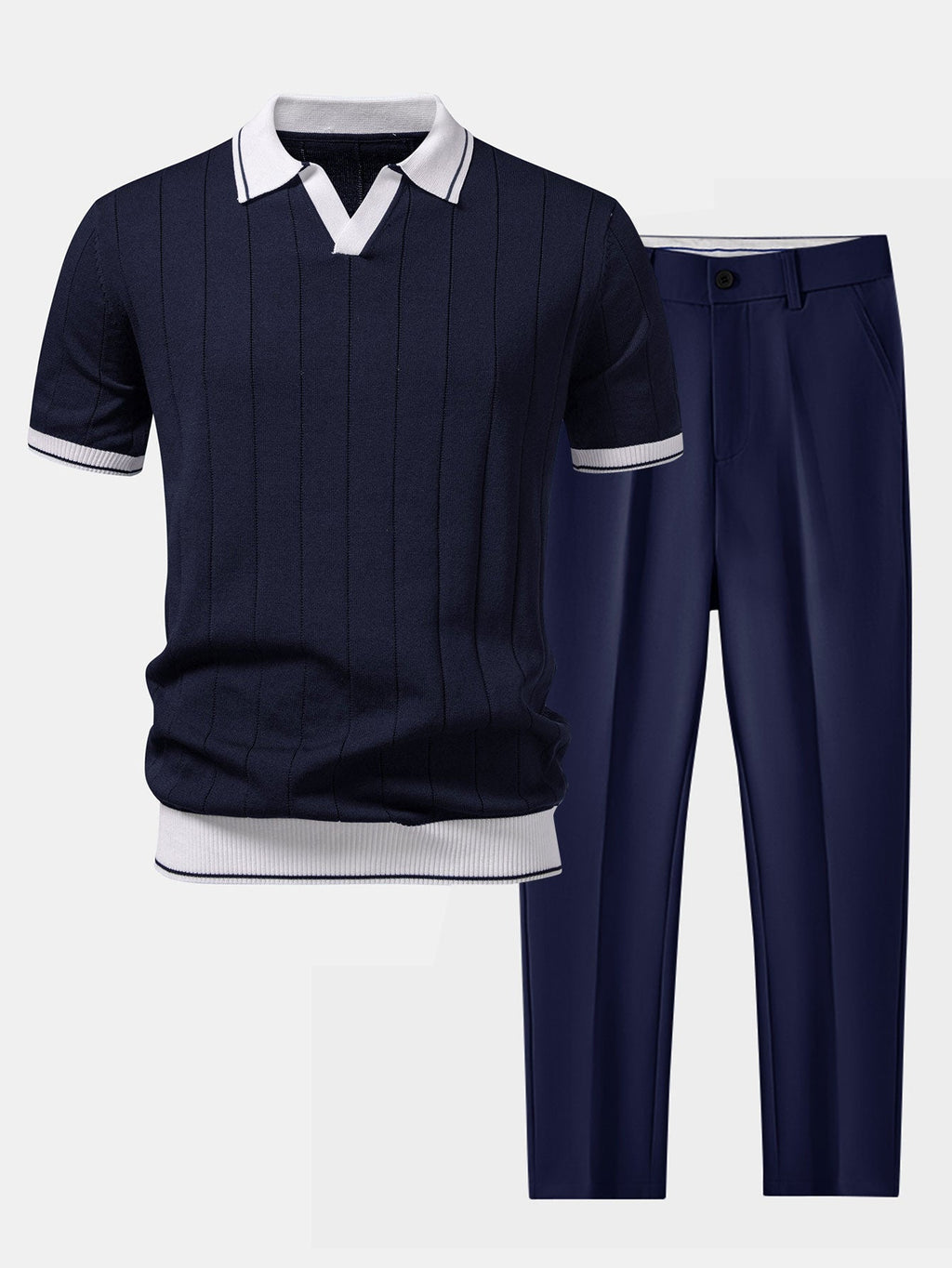Contrast Trim Ribbed Johnny Collar Knit Polo & Slim Fit Tapered Trousers