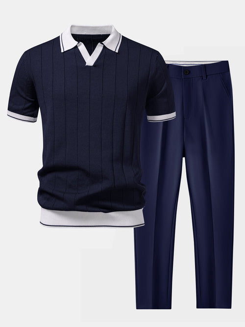 Contrast Trim Ribbed Johnny Collar Knit Polo & Slim Fit Tapered Trousers