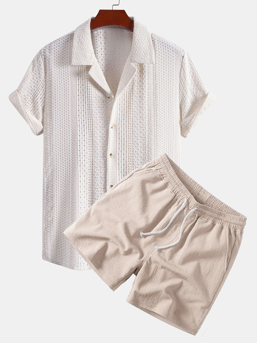 Geometric Jacquard Cuban Collar Shirt & Crinkle Textured Drawstring 5" Shorts