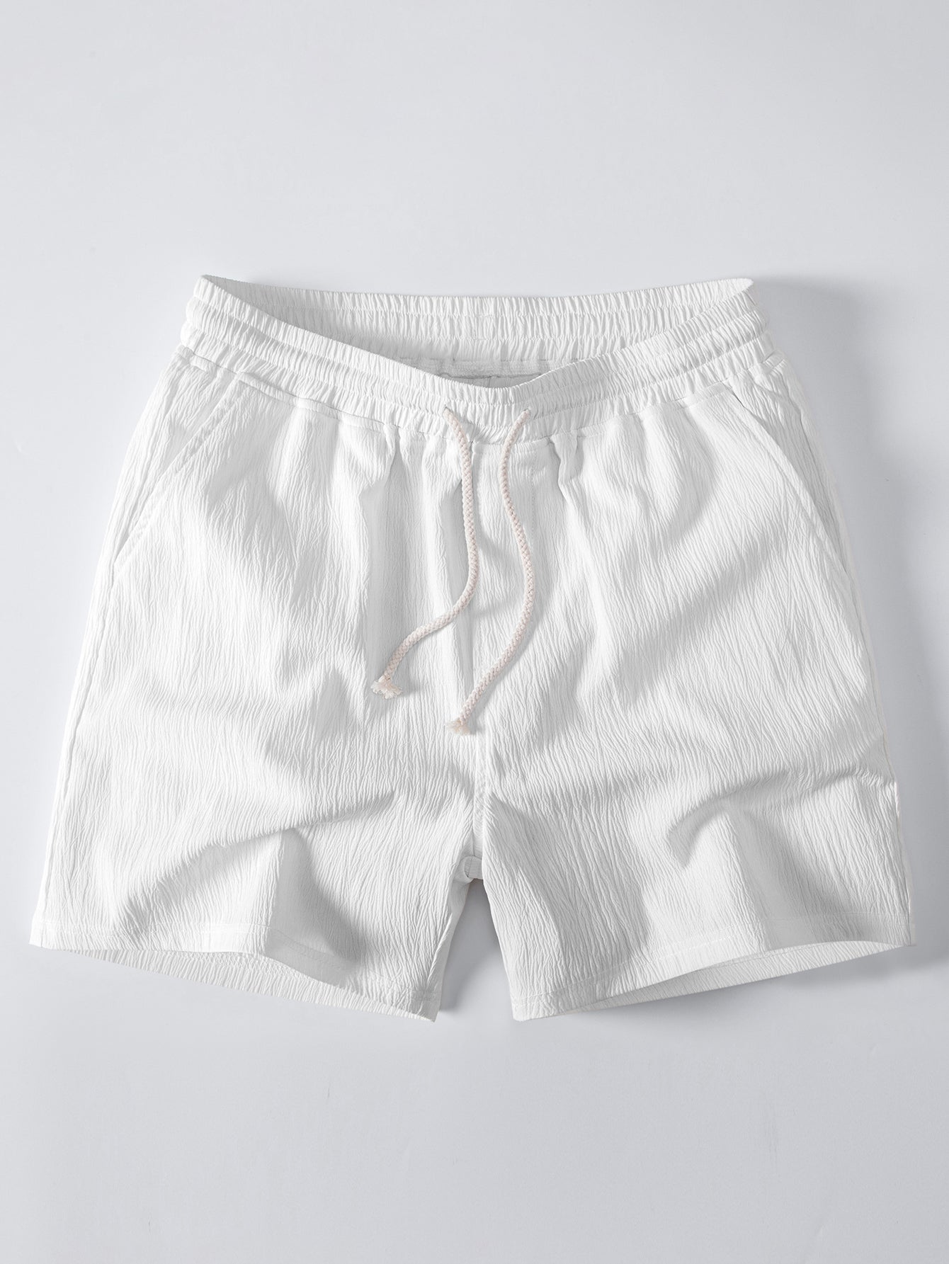 Linen Rayon Blend Button Up Shirt & Crinkle Textured Drawstring 5" Shorts