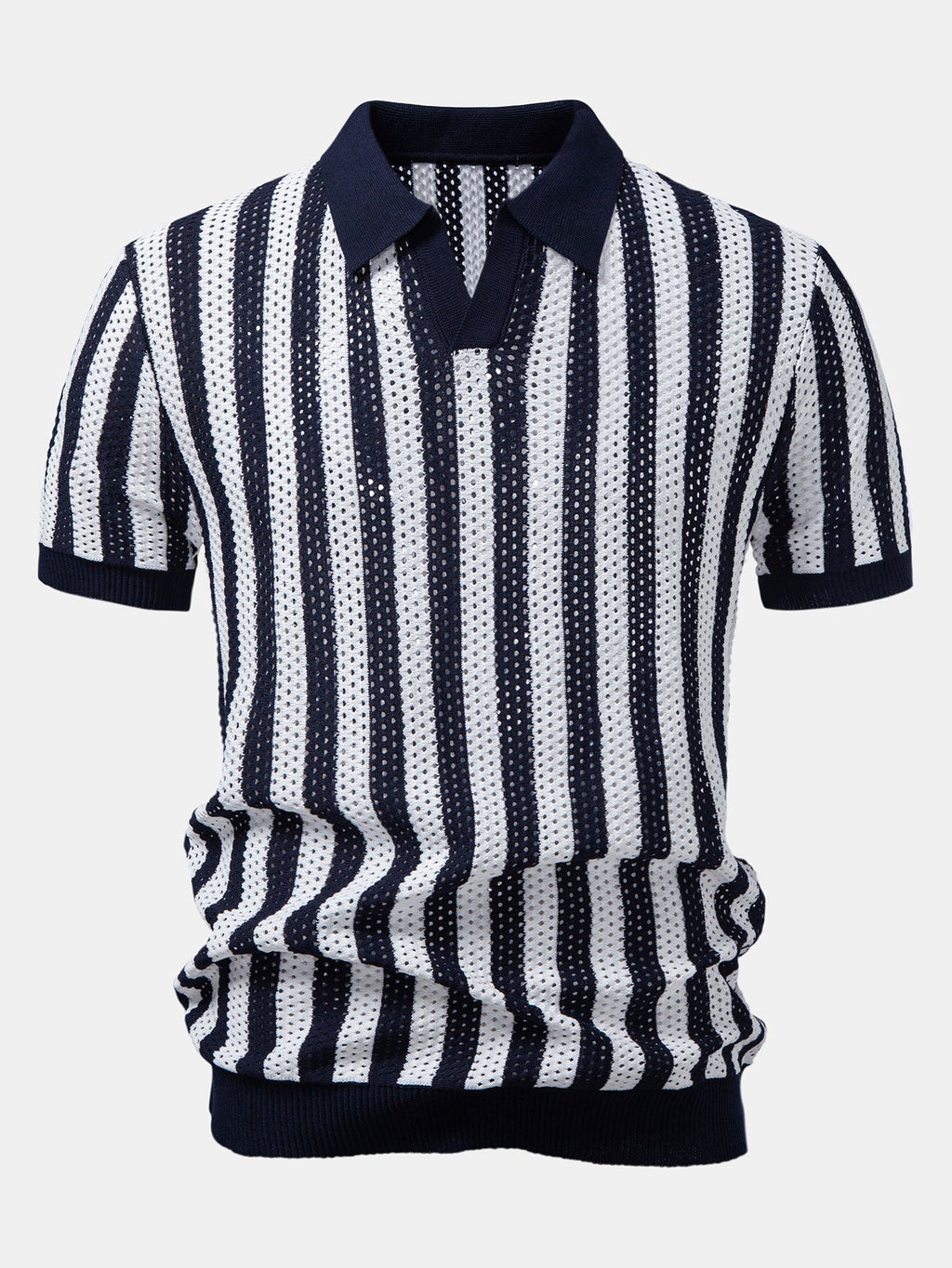Stripe Johnny Collar Open Knit Polo & Straight Leg Linen Pants