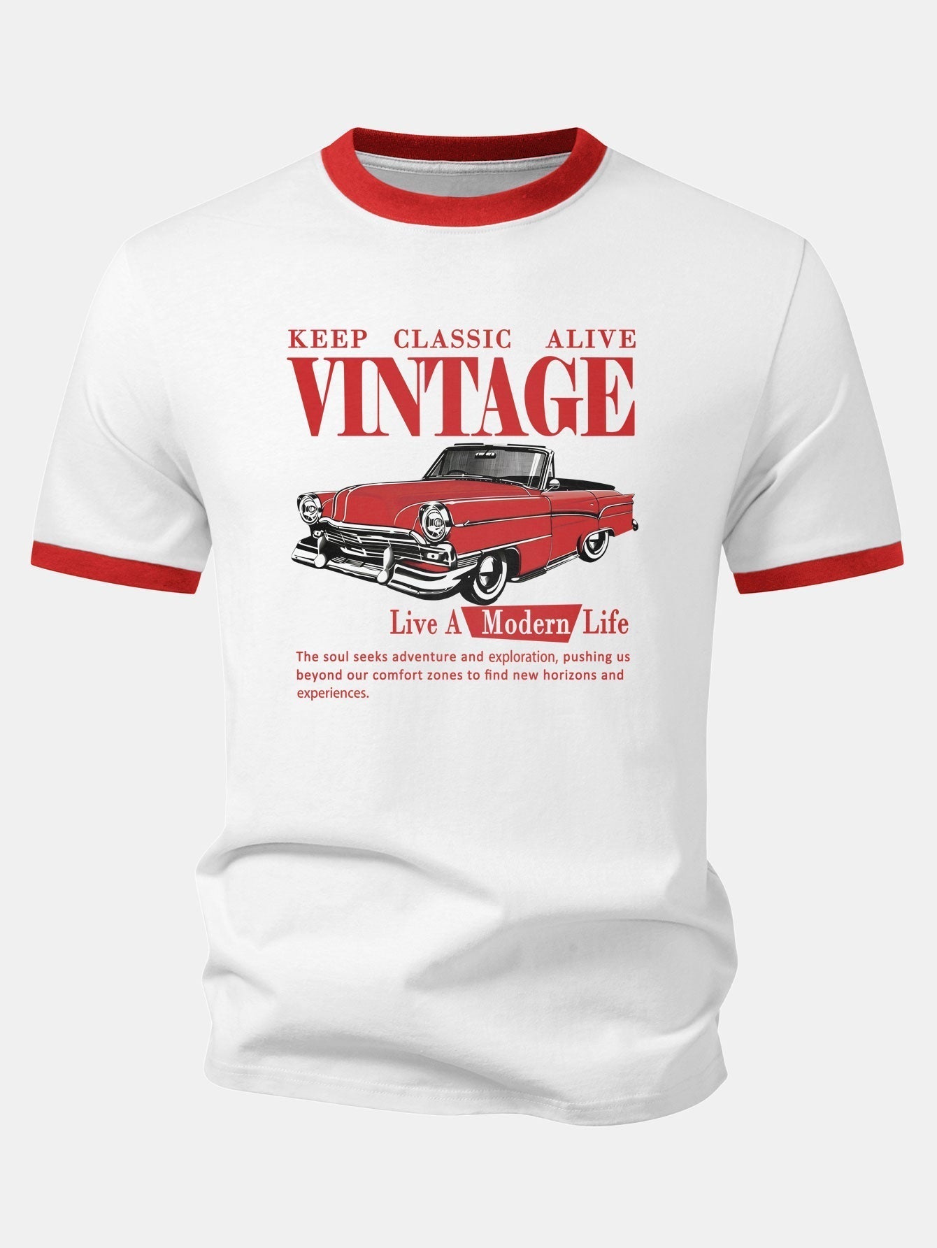 Vintage Car Print Contrast Ringer T-Shirt & Cotton Drawstring 7" Shorts