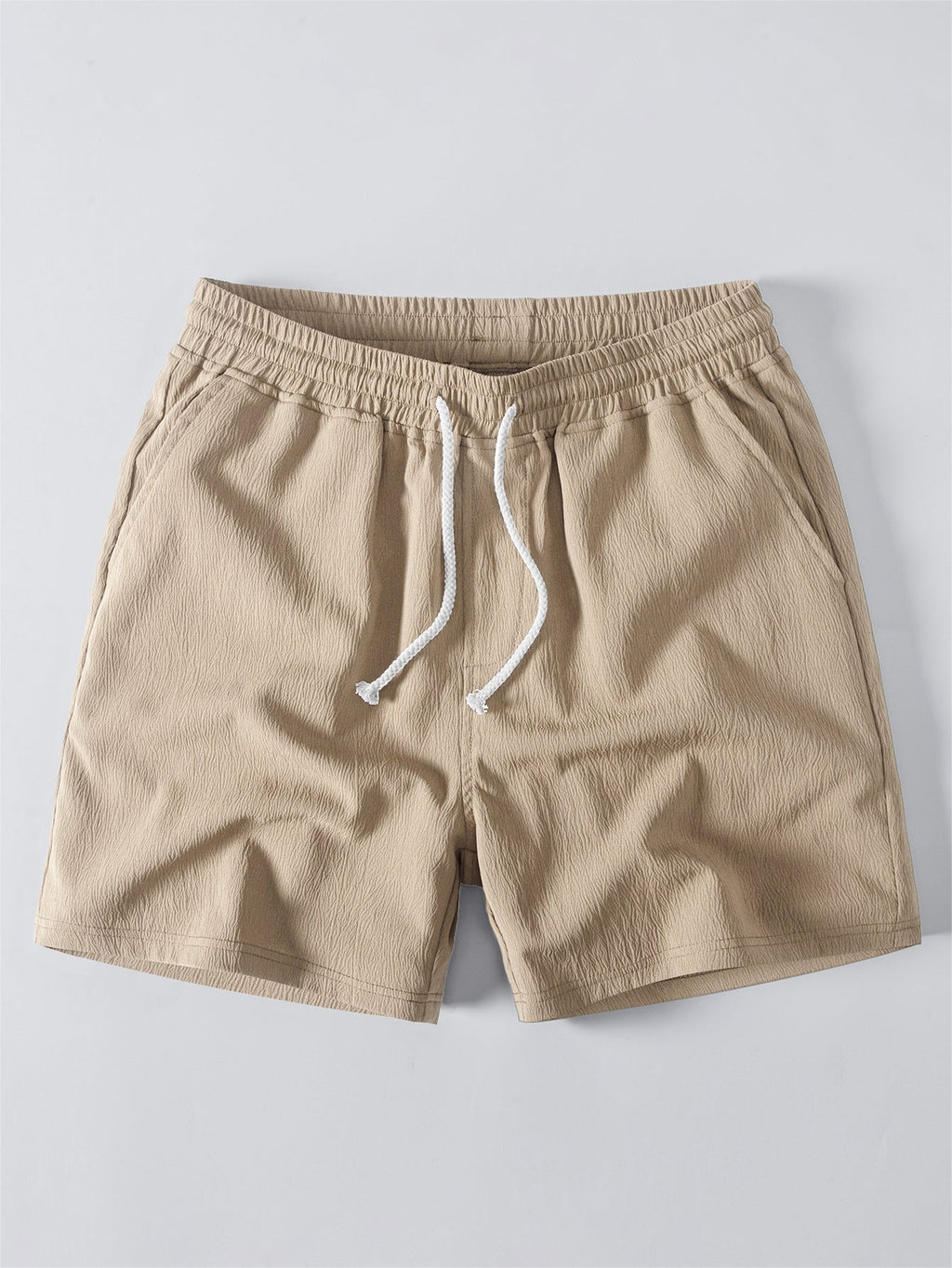 Textured Striped Button Up Shirt & Crinkle Textured Drawstring 5" Shorts