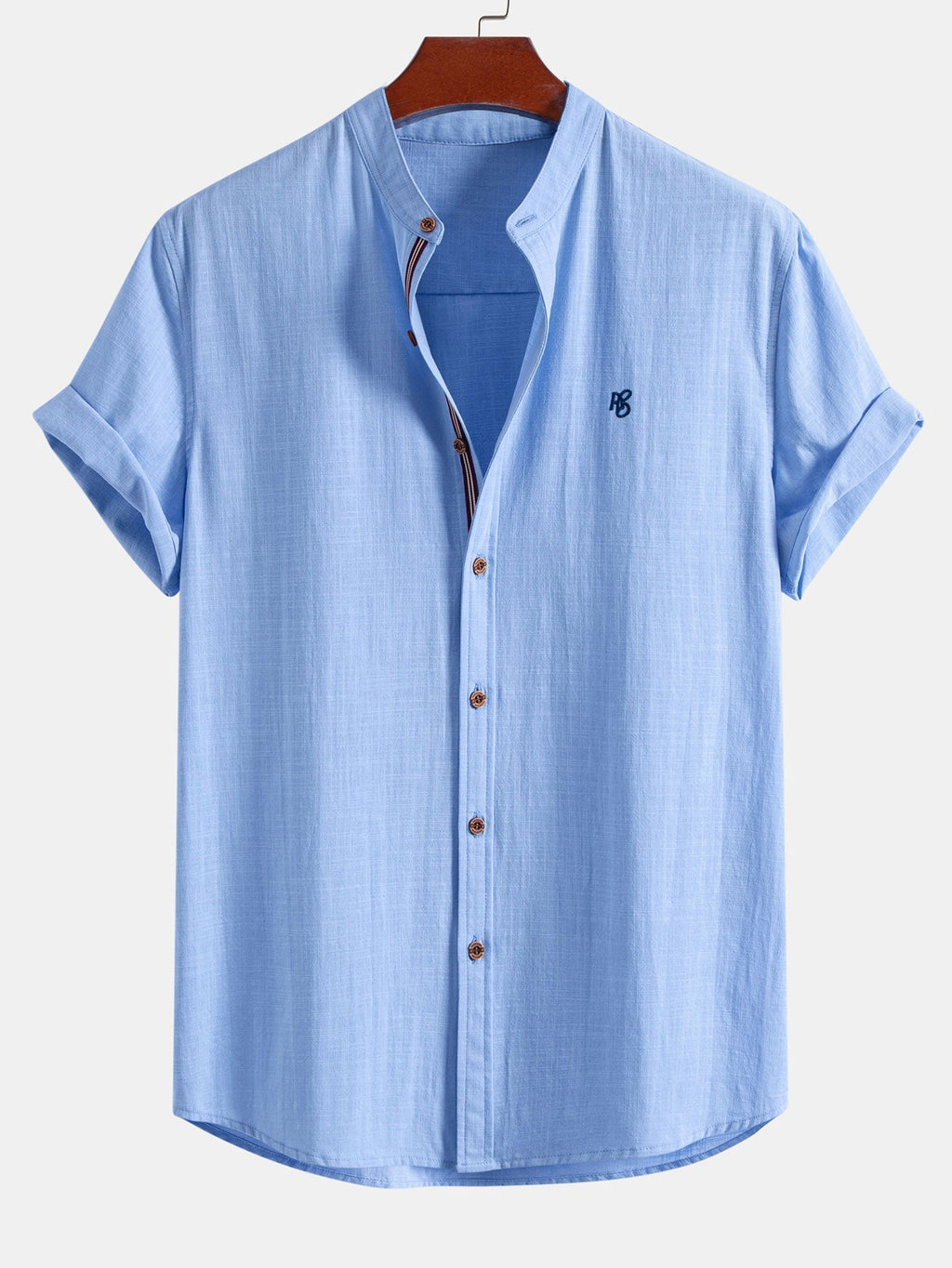 Short Sleeve Linen Look Stand Collar Shirt & Linen Blend Drawstring 7" Shorts