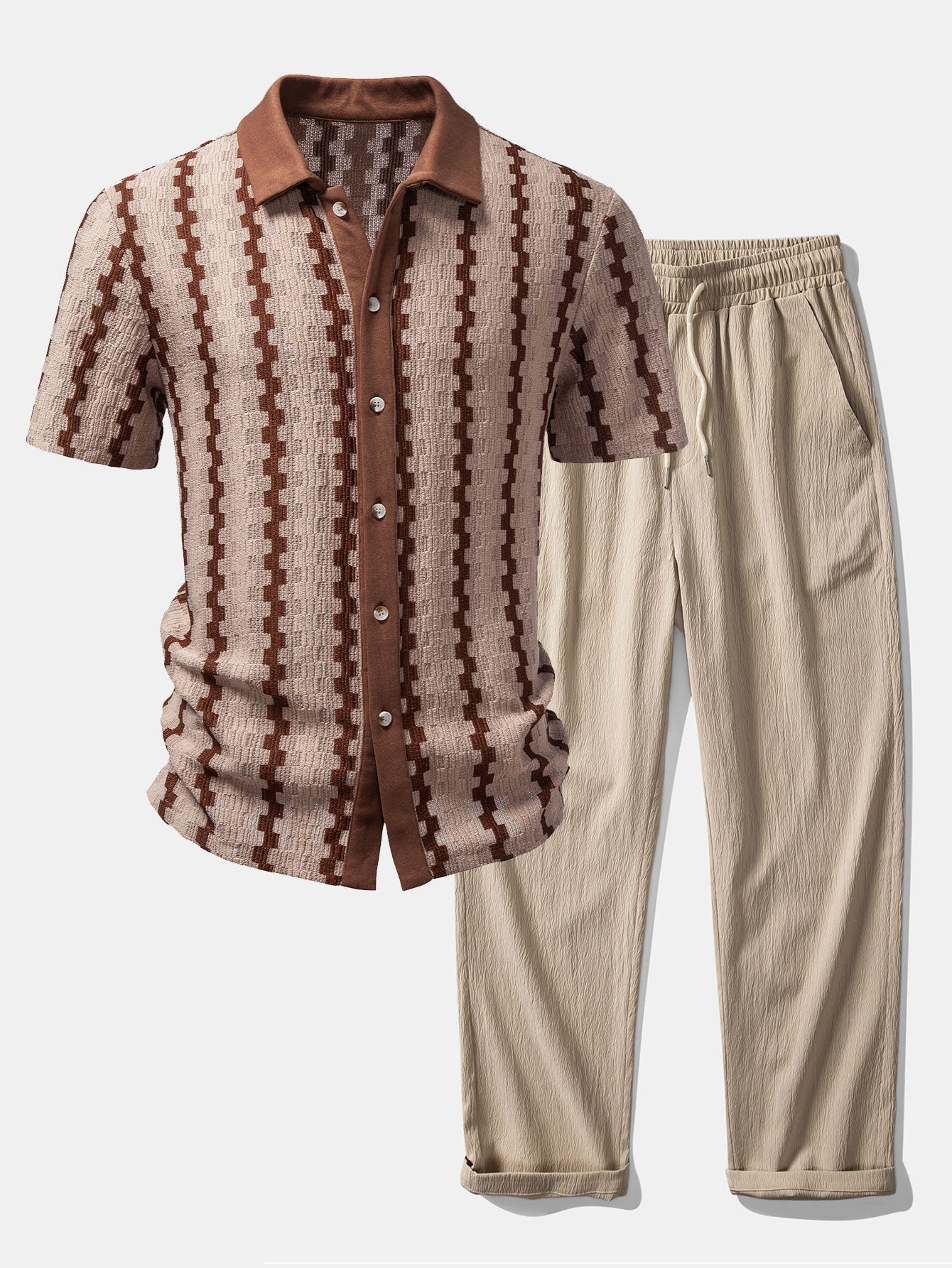 Plaid Jacquard Button Up Shirt & Crinkle Textured Straight Leg Pants