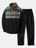 Relax Fit Quarter Zip Ethnic Geometric Patchwork Teddy Sweatshirt & Straight Leg Corduroy Pants