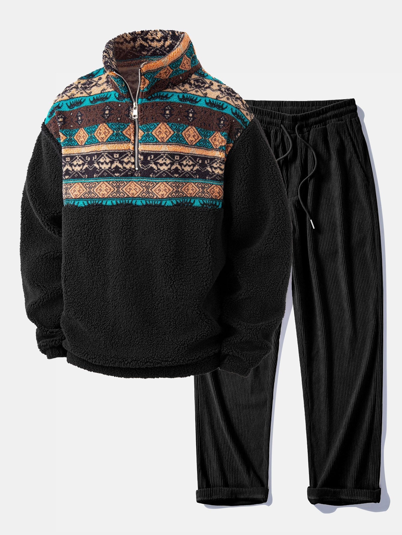 Relax Fit Quarter Zip Ethnic Geometric Patchwork Teddy Sweatshirt & Straight Leg Corduroy Pants