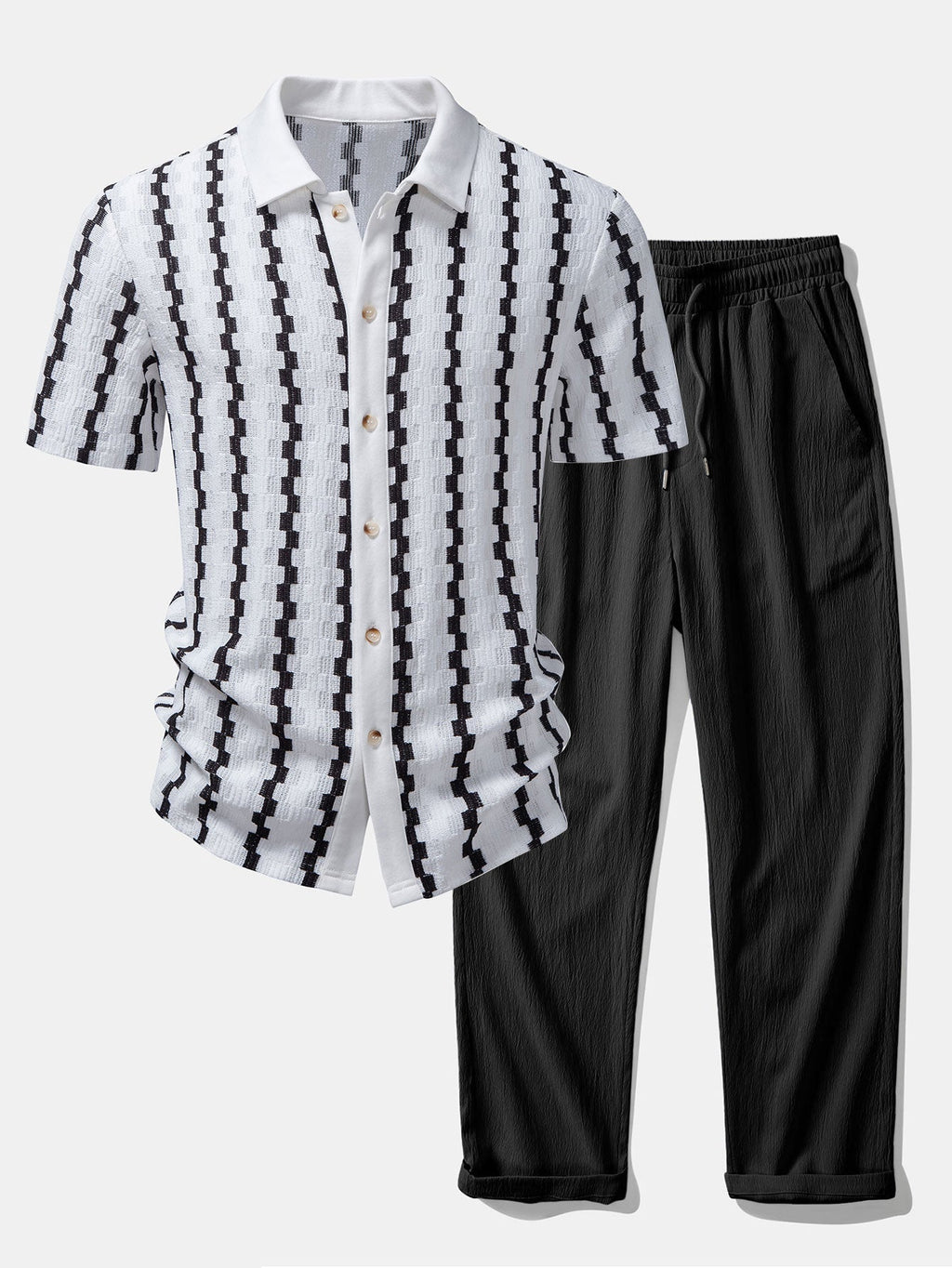 Plaid Jacquard Button Up Shirt & Crinkle Textured Straight Leg Pants