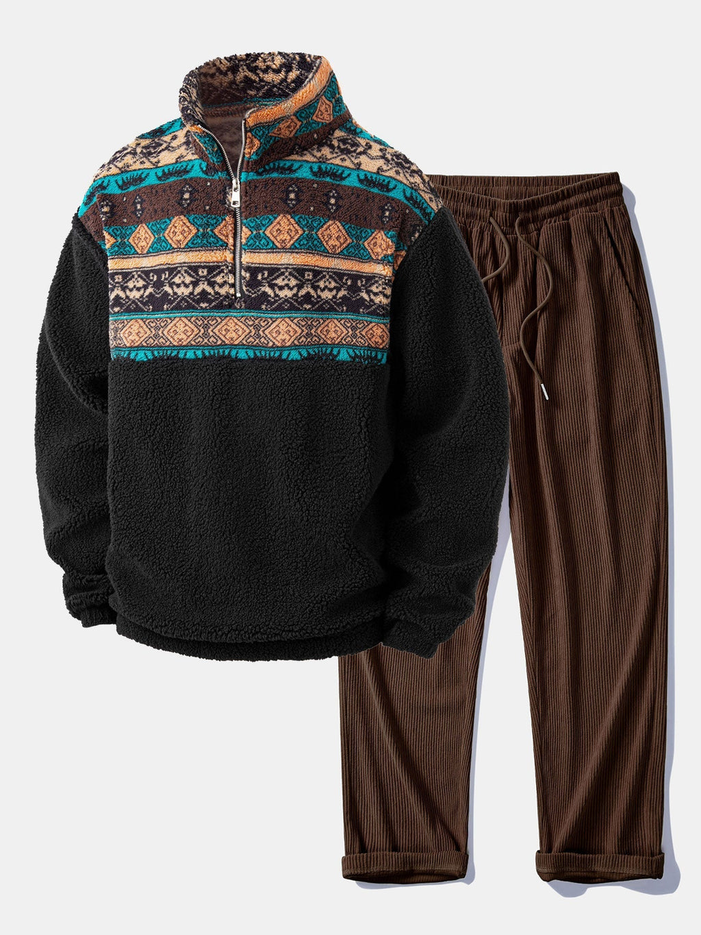 Relax Fit Quarter Zip Ethnic Geometric Patchwork Teddy Sweatshirt & Straight Leg Corduroy Pants