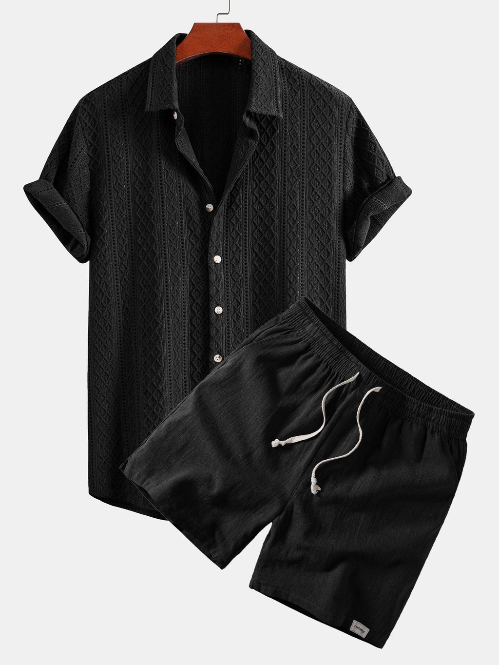 Geometry Rhombus Jacquard Button Up Shirt & Linen Blend Drawstring 7" Shorts