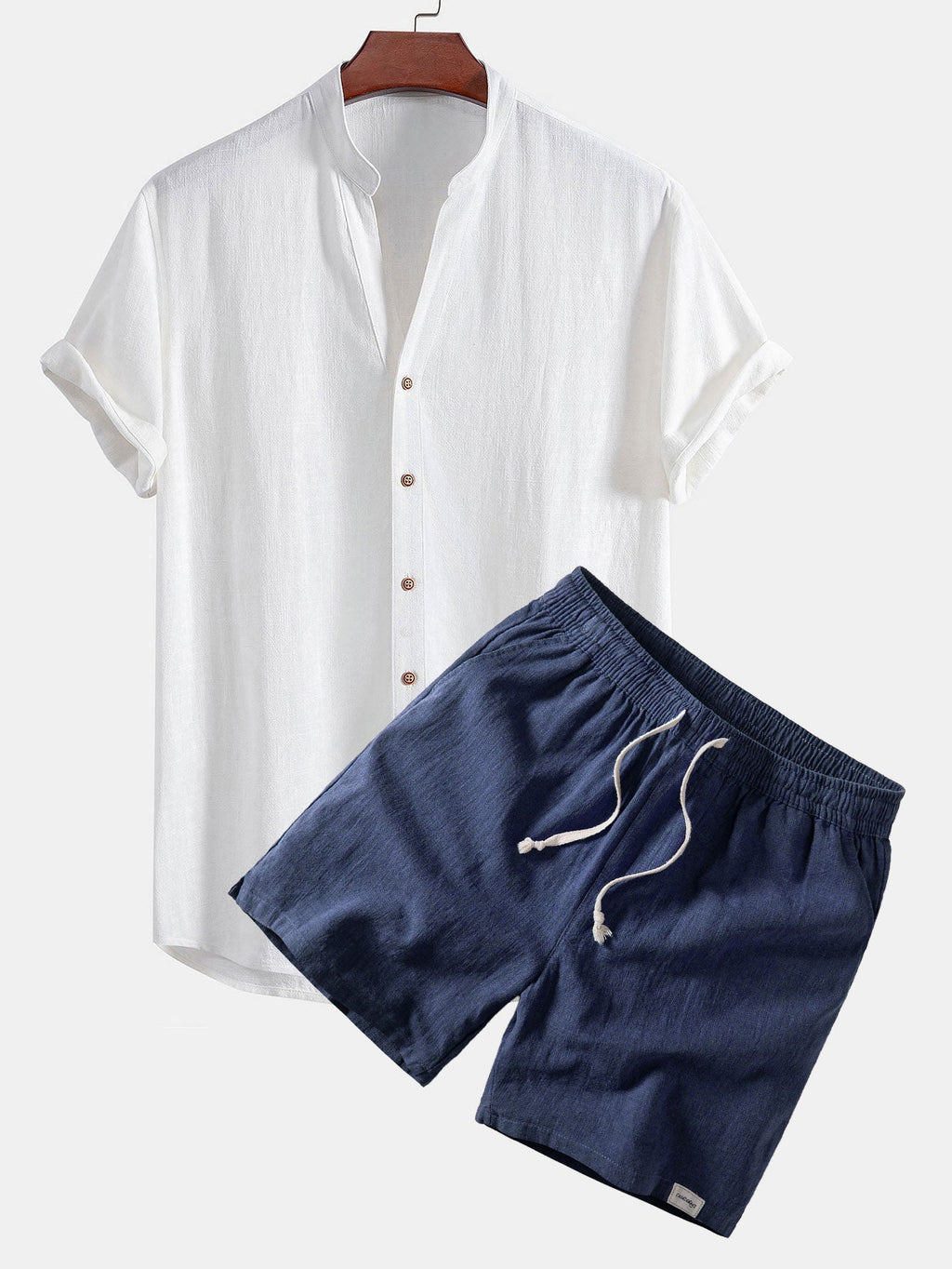Short Sleeve V Neck Linen Rayon Blend Shirt & Linen Blend Drawstring 7" Shorts