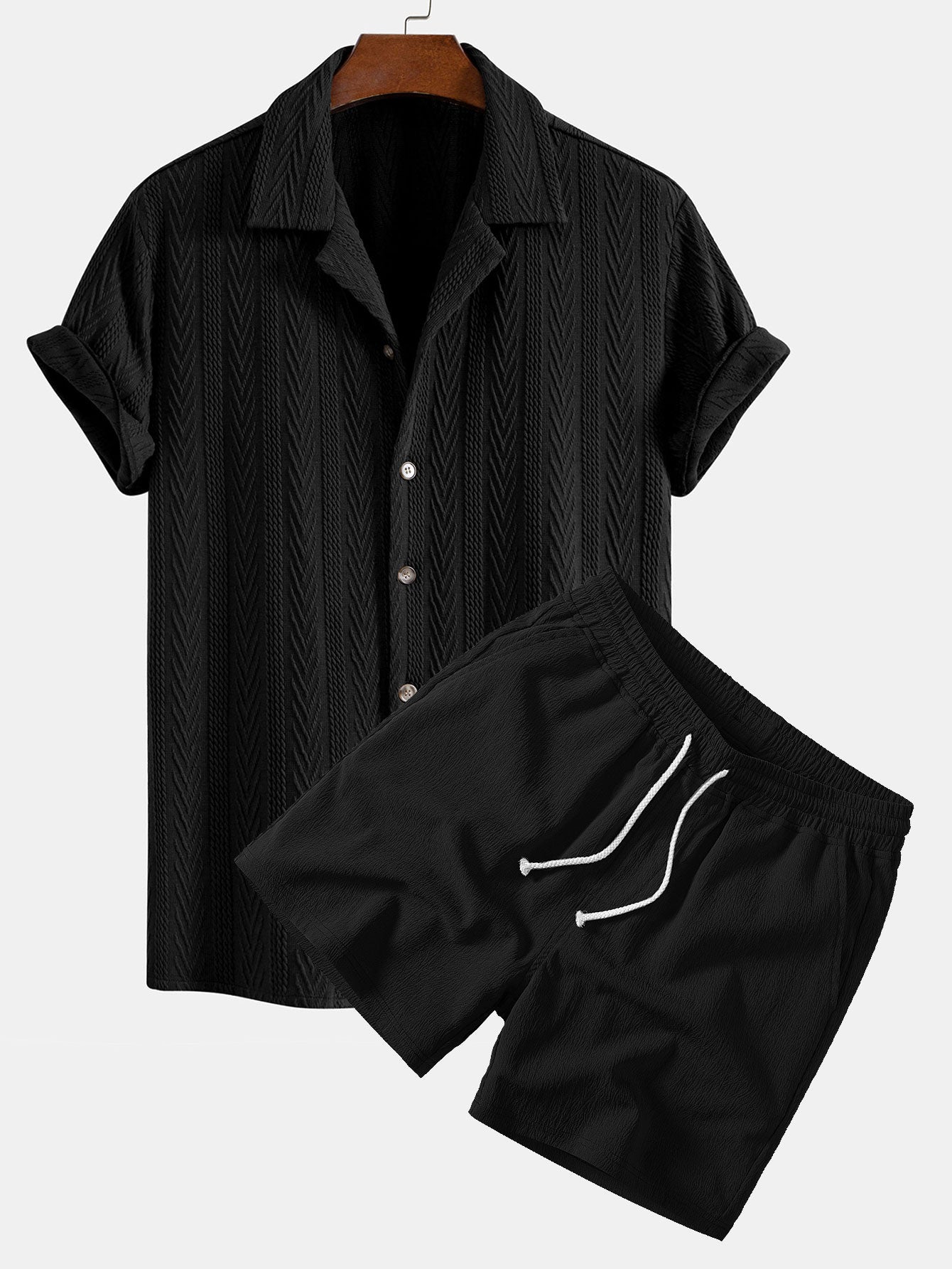 Texture Jacquard Cuban Shirt & Crinkle Textured Drawstring 5" Shorts