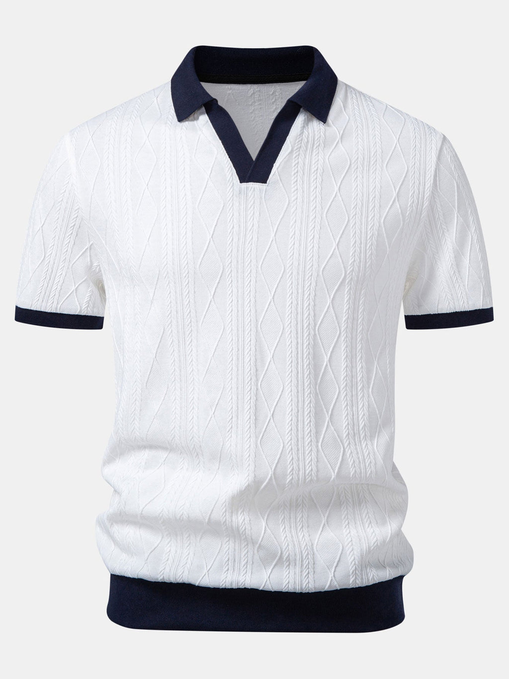 Contrast Geometry Jacquard Knit Polo & Straight Leg Ribbed Pants
