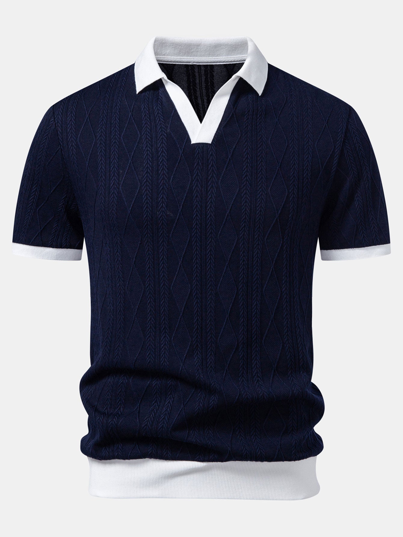 Contrast Geometry Jacquard Knit Polo & Straight Leg Ribbed Pants