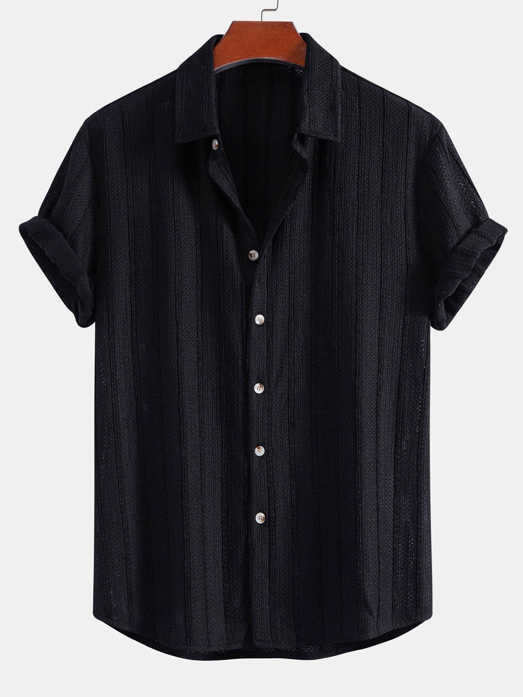 Textured Striped Button Up Shirt & Crinkle Textured Drawstring 5" Shorts