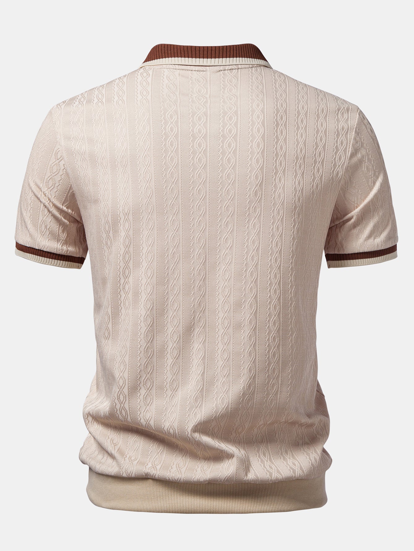 Contrast Trim Textured Zipper Knit Polo & Elastic Waist Chino Shorts