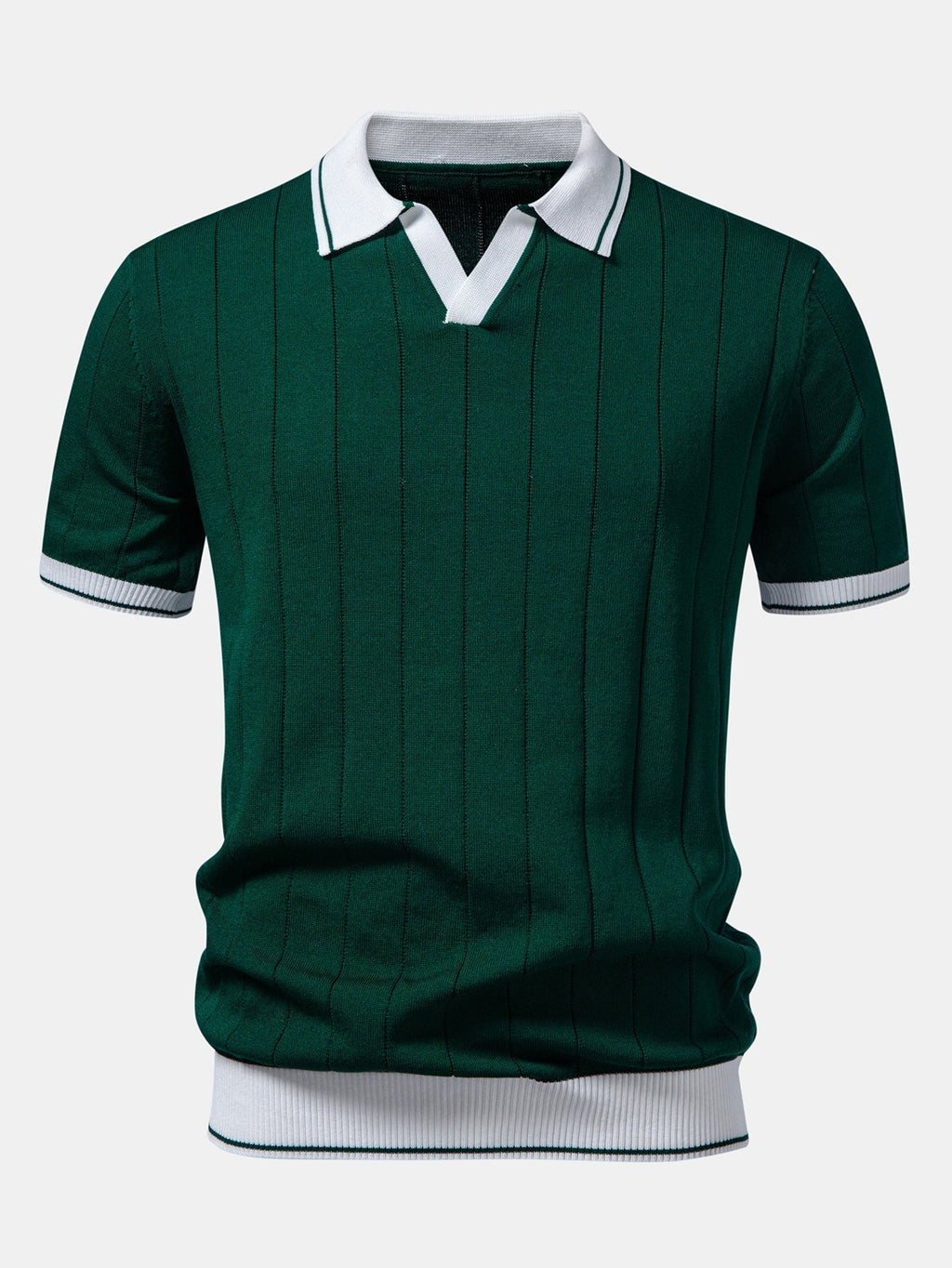 Contrast Trim Ribbed Johnny Collar Knit Polo & Elastic Waist Straight Leg Trousers