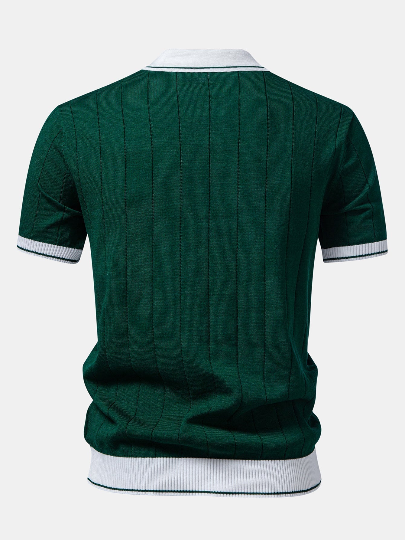 Contrast Trim Ribbed Johnny Collar Knit Polo & Elastic Waist Chino Shorts